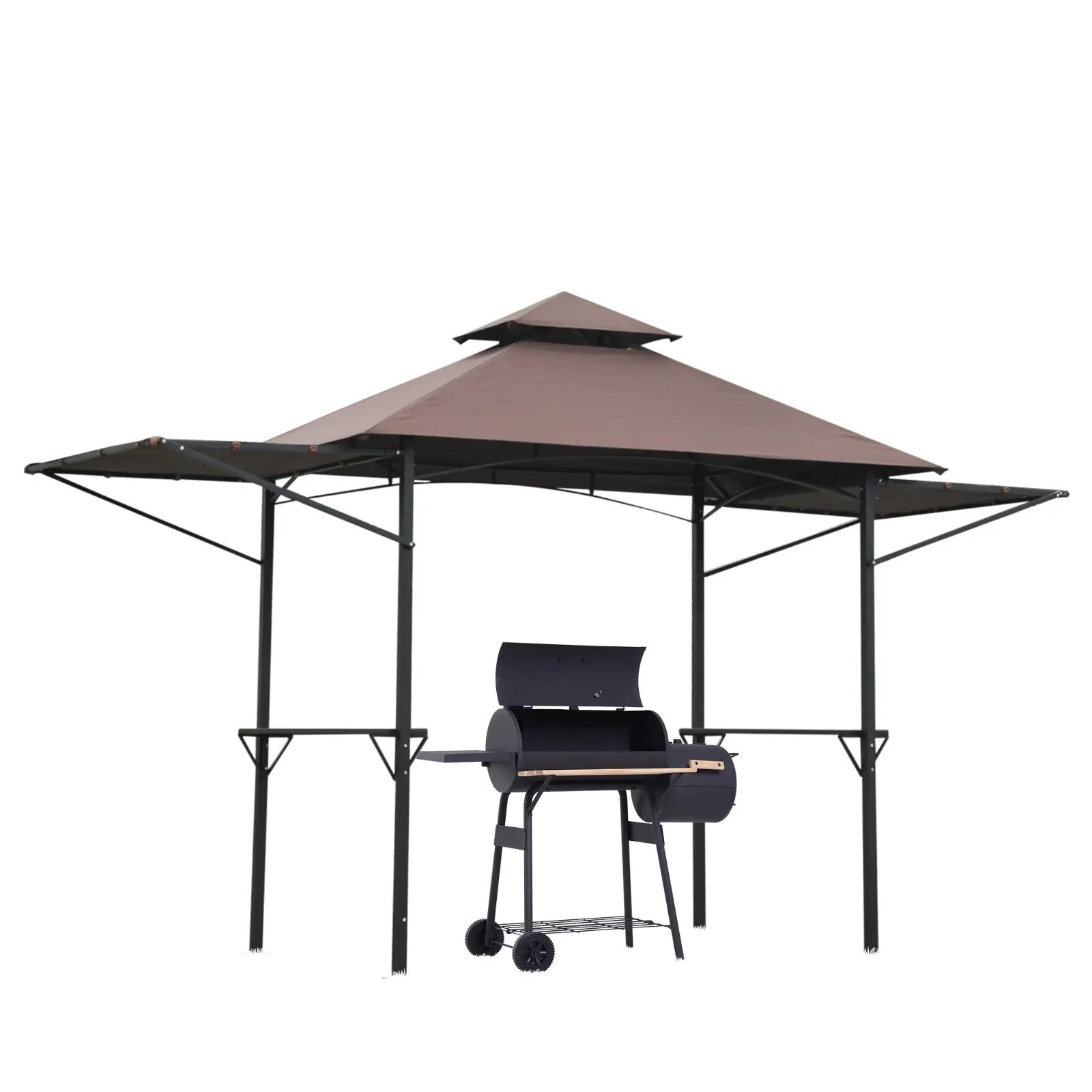 Gazebo Canopy Shelter Double Roof With Extendable Side Awnings & Shelves Coffee - Home and Garden Furniture Shop - #rustic - furniture#