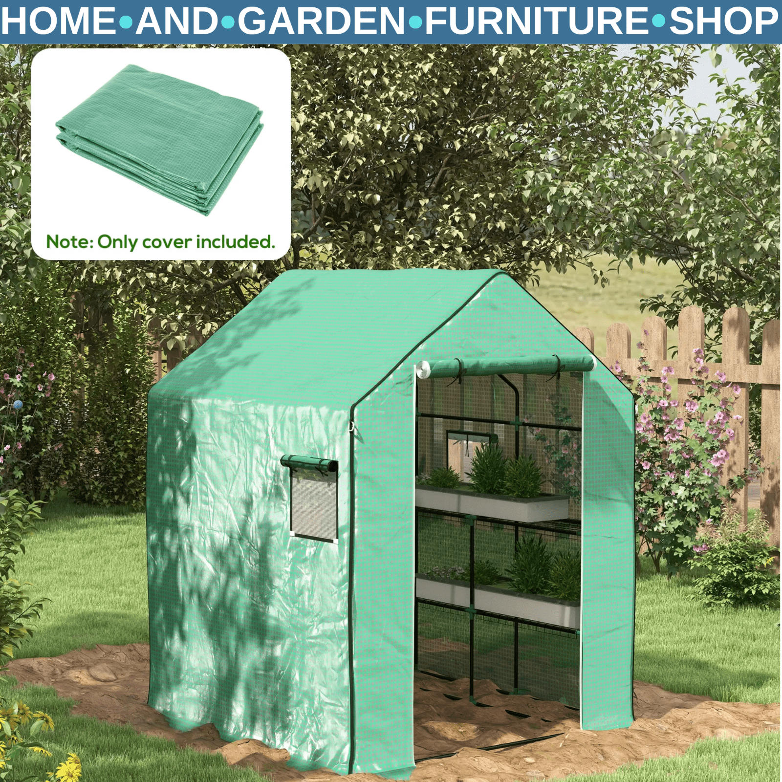 Greenhouse Replacement Cover 3 - Layer with Roll - Up Door & Mesh Windows Green - Home and Garden Furniture Shop - rustic - furniture