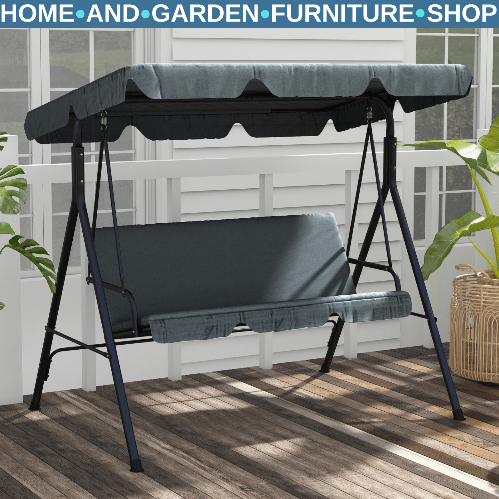 Grey 3 Seater Garden Swing Chair Patio Bench Outdoor Hammock Canopy Heavy Duty - Home and Garden Furniture Shop - rustic - furniture