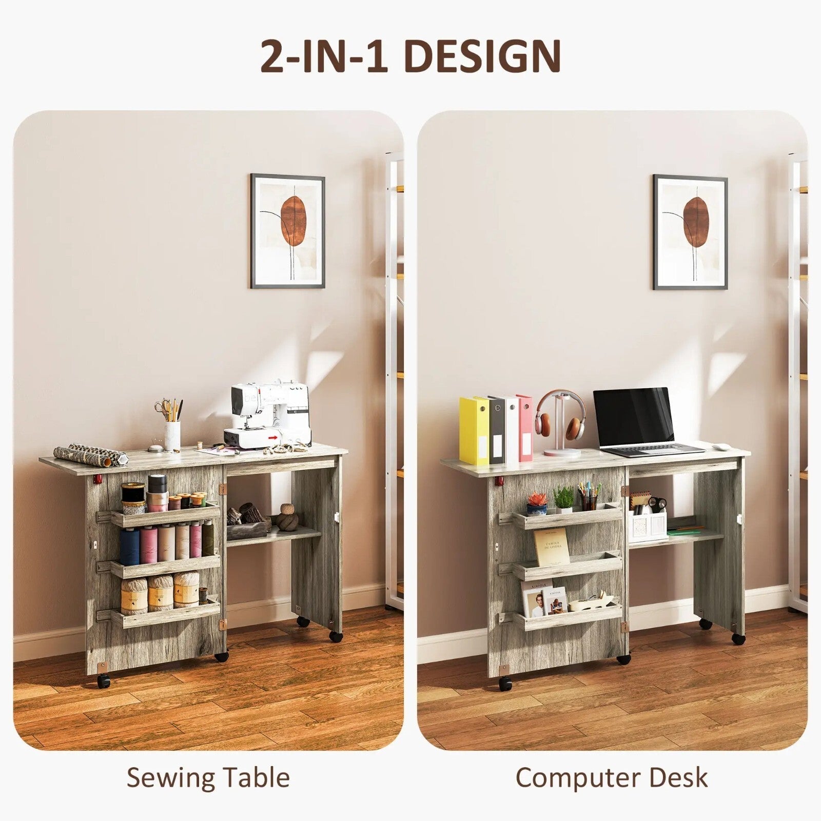 Grey Folding Sewing Table Drop Leaf Rolling Craft Desk with Wheels Space Saving - Home and Garden Furniture Shop - rustic - furniture