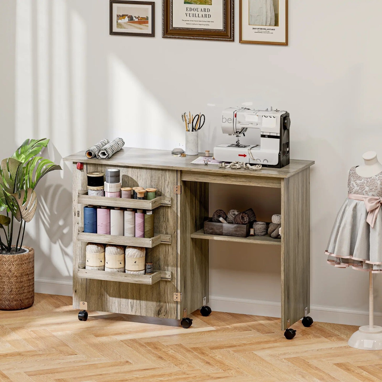 Grey Folding Sewing Table Drop Leaf Rolling Craft Desk with Wheels Space Saving - Home and Garden Furniture Shop - rustic - furniture