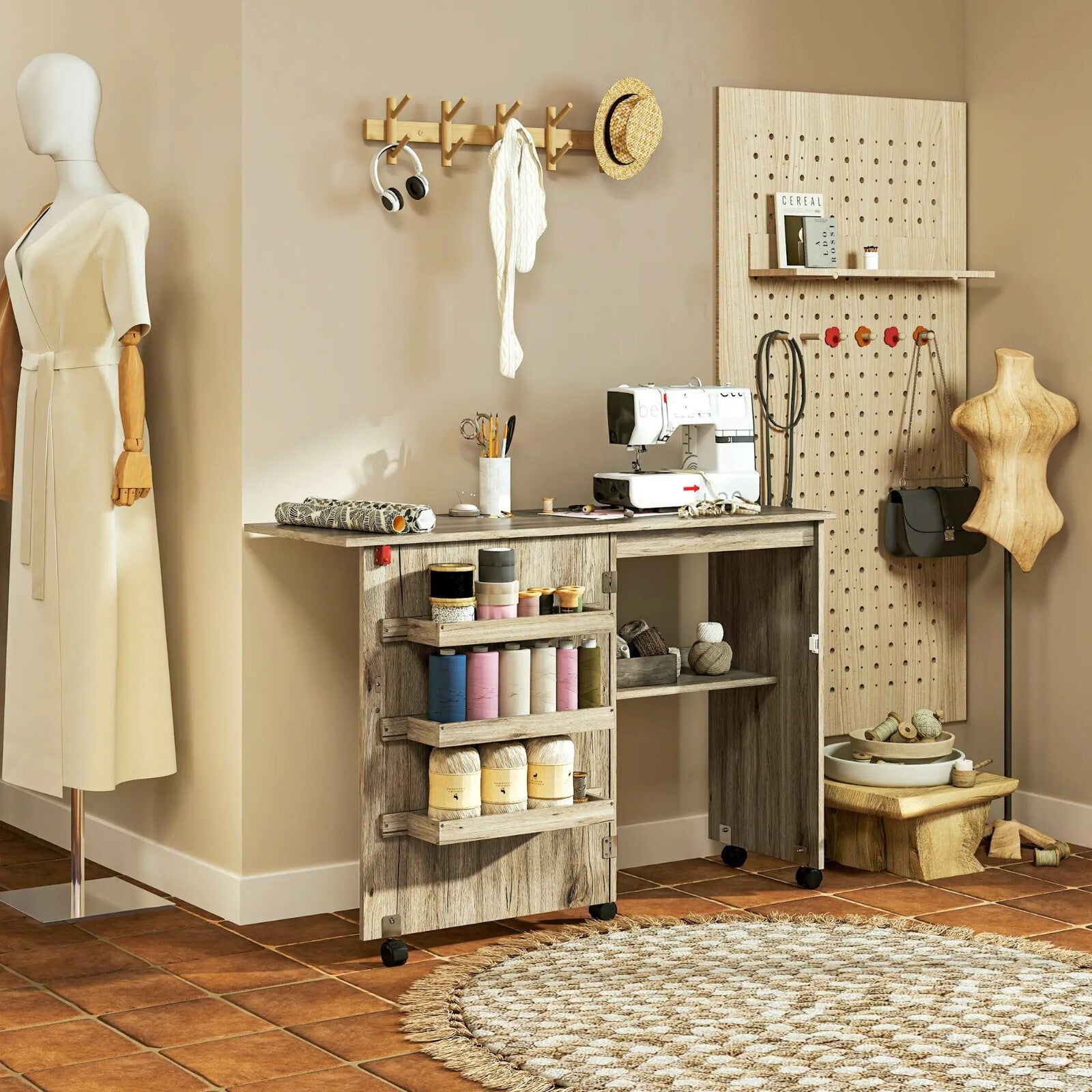 Grey Folding Sewing Table Drop Leaf Rolling Craft Desk with Wheels Space Saving - Home and Garden Furniture Shop - rustic - furniture