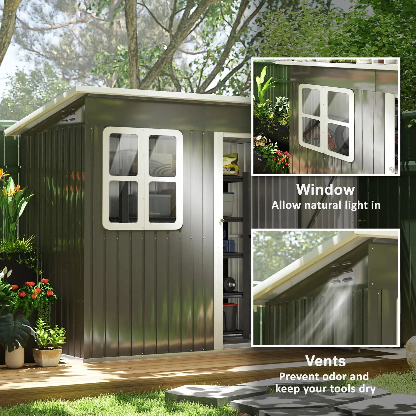 Grey Galvanised Steel Garden Storage Shed 7x4ft Lockable Door and Foundation Kit - Home and Garden Furniture Shop - #rustic - furniture#