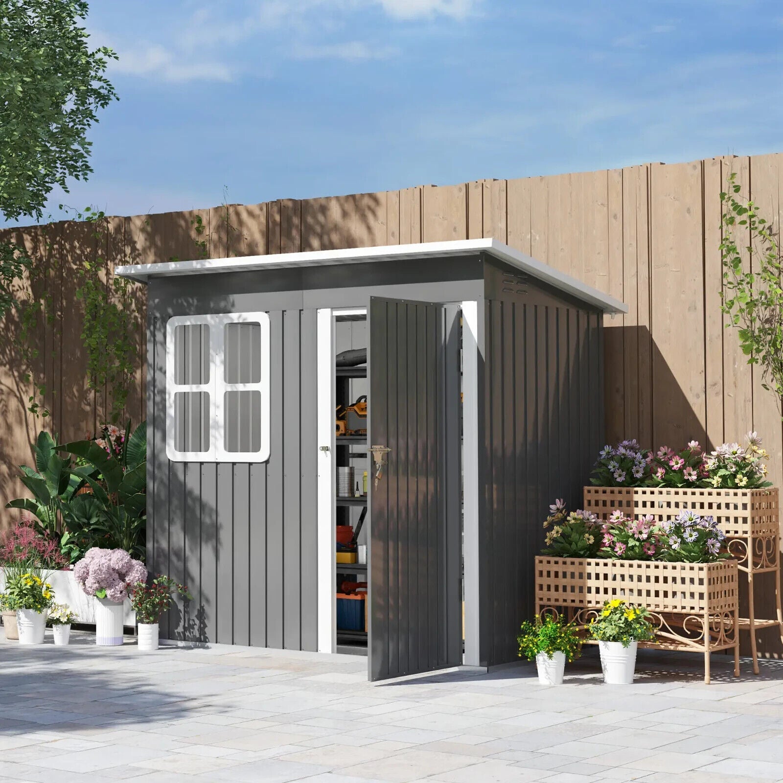 Grey Galvanised Steel Garden Storage Shed 7x4ft Lockable Door and Foundation Kit - Home and Garden Furniture Shop - #rustic - furniture#