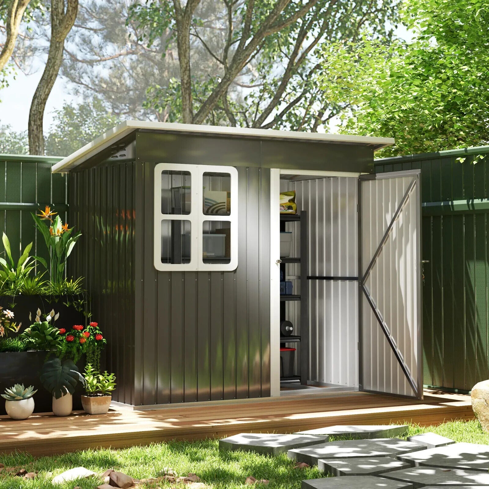 Grey Galvanised Steel Garden Storage Shed 7x4ft Lockable Door and Foundation Kit - Home and Garden Furniture Shop - #rustic - furniture#