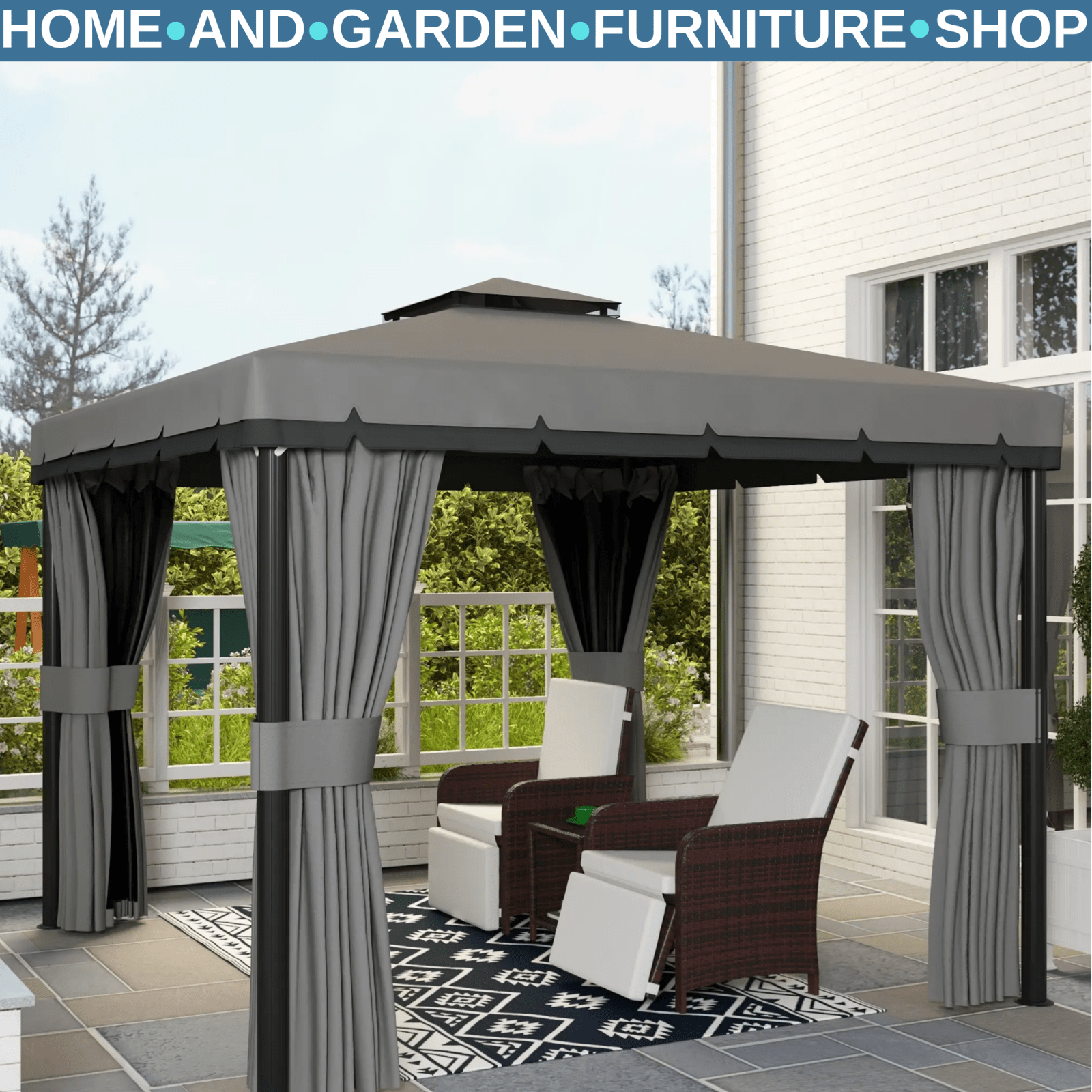 Grey Heavy Duty 3 x 3m Patio Gazebo Garden Shelter Mosquito Netting Double Roof - Home and Garden Furniture Shop - rustic - furniture