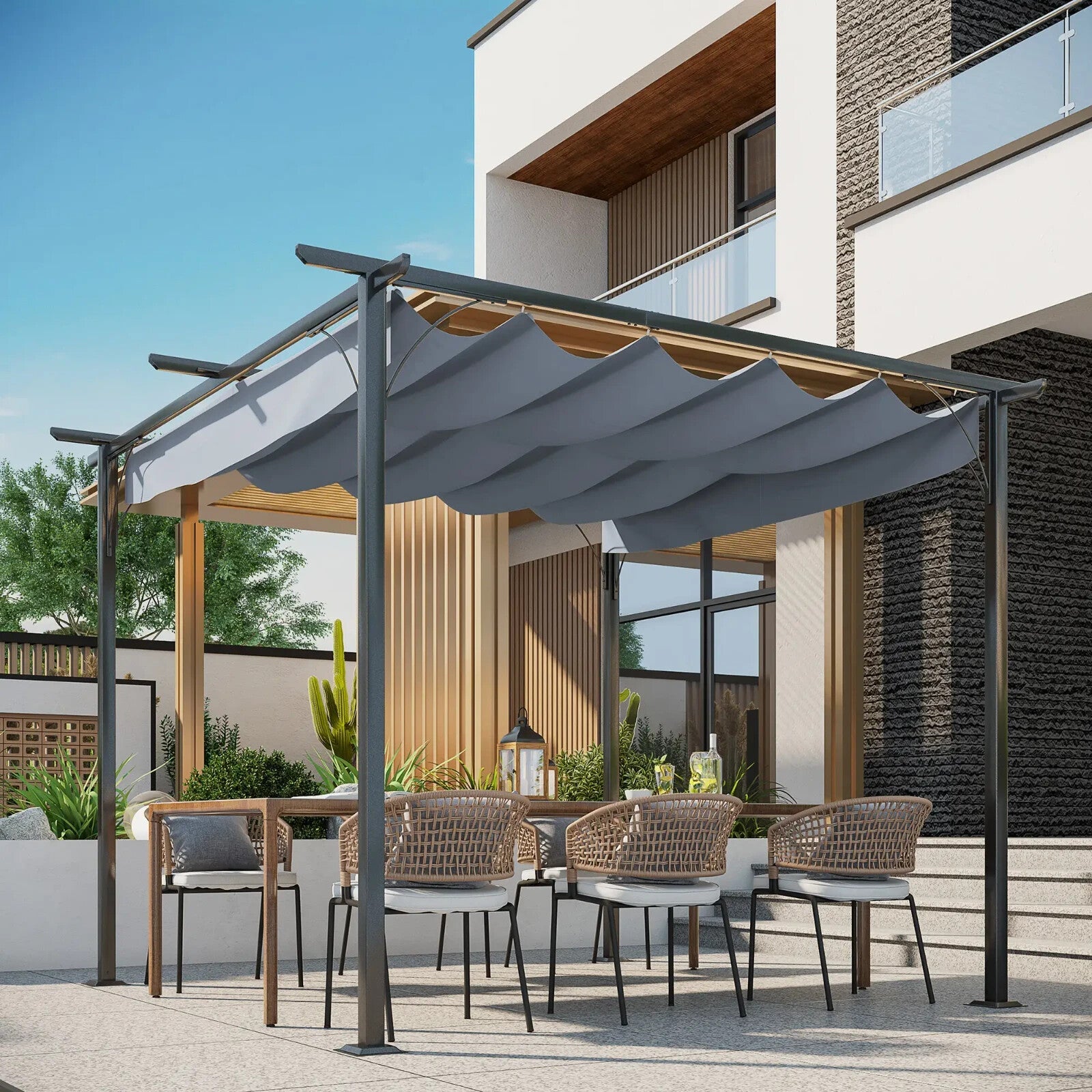 Grey Metal Pergola Gazebo Retractable Canopy Roof Heavy Duty 3 x 3m Garden Shade - Home and Garden Furniture Shop - rustic - furniture