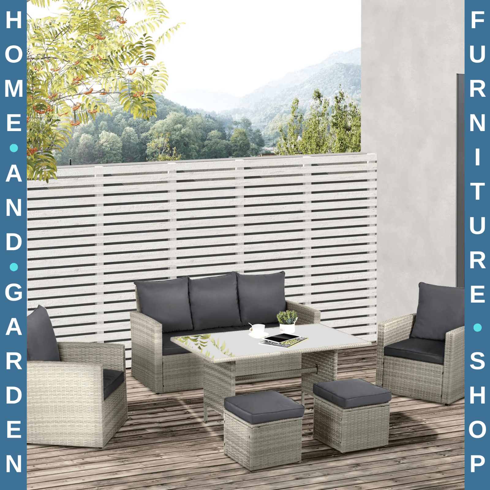 Grey Rattan Sofa Set with Glass Dining Table and Chairs Cushion Outdoor Seating - Home and Garden Furniture Shop - rustic - furniture