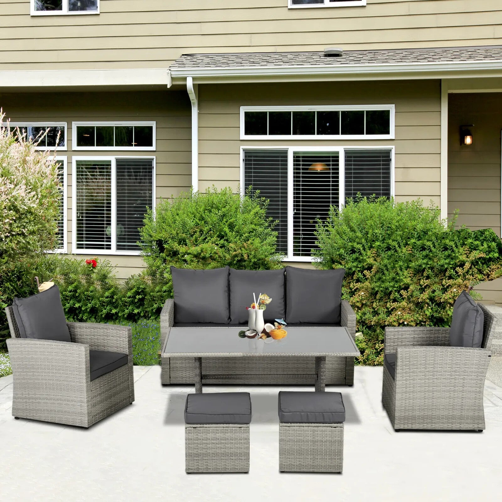 Grey Rattan Sofa Set with Glass Dining Table and Chairs Cushion Outdoor Seating - Home and Garden Furniture Shop - rustic - furniture