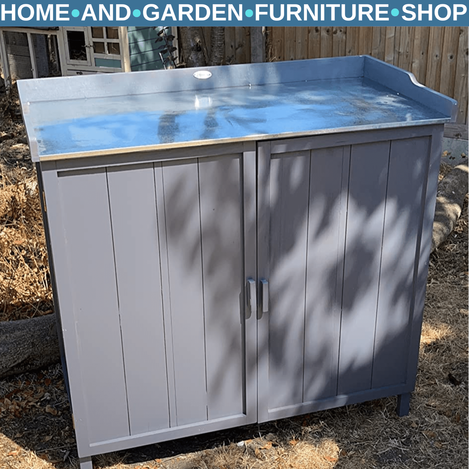 Grey Wooden Garden Storage Cabinet Potting Bench Table with Galvanized Top Shelf - Home and Garden Furniture Shop - rustic - furniture