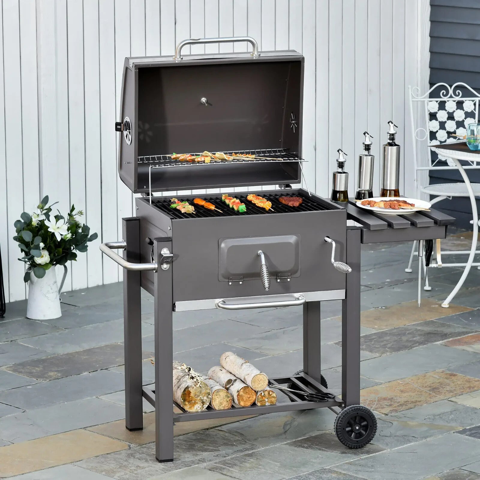 Grill BBQ Trolley with Side Table & Height Adjustable Charcoal Pan Deep Grey - Home and Garden Furniture Shop - rustic - furniture