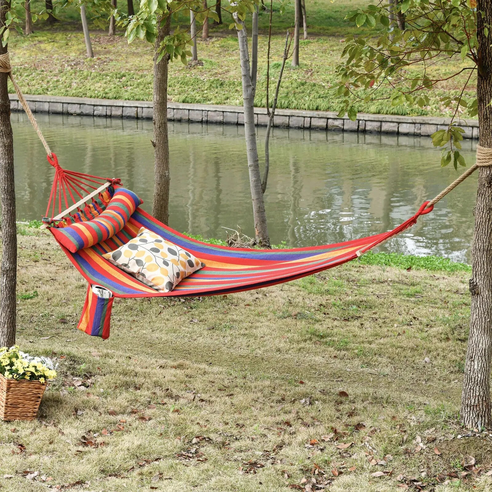 Hammock Hanging Bed Cotton Swing Rectangular with Padded Pillow Rainbow Stripe - Home and Garden Furniture Shop - #rustic - furniture#
