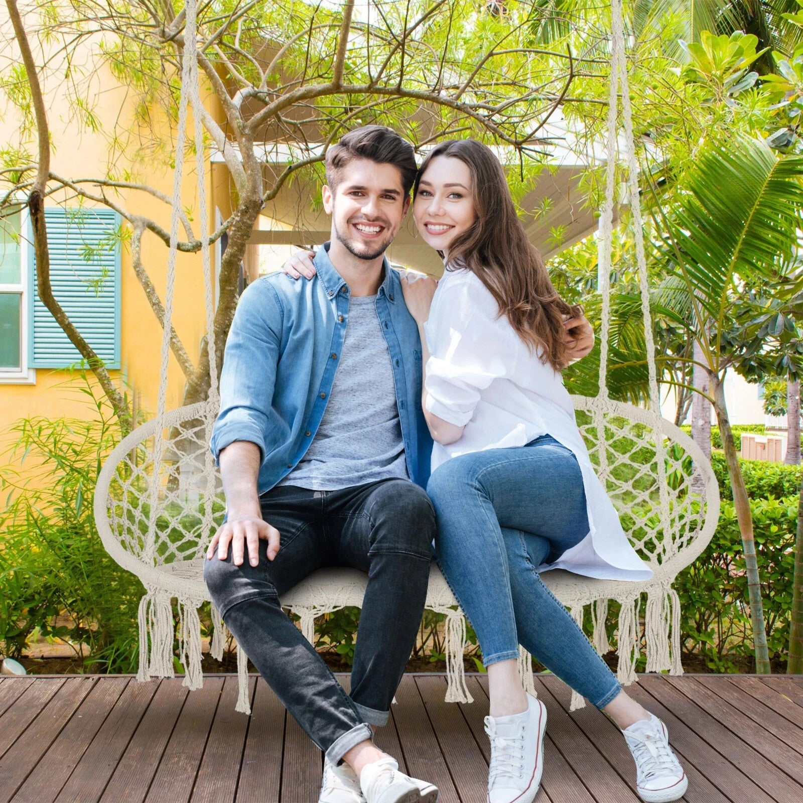Hammock Hanging Bench 2 - Seater Rope Porch Swing with Curved Back Cream White - Home and Garden Furniture Shop - #rustic - furniture#