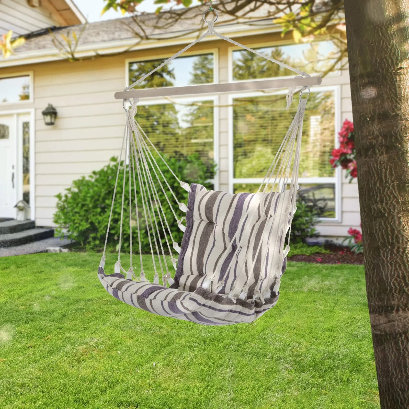 Hammock Hanging Chair Portable w/ Cushion Padded Seat & Backrest Brown Striped - Home and Garden Furniture Shop - #rustic - furniture#