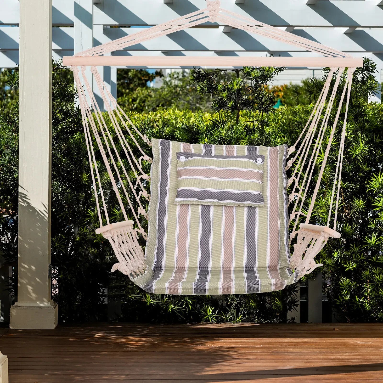 Hammock Hanging Chair Thick Rope Swing with Padded Cushion Multi - Colour Stripes - Home and Garden Furniture Shop - #rustic - furniture#