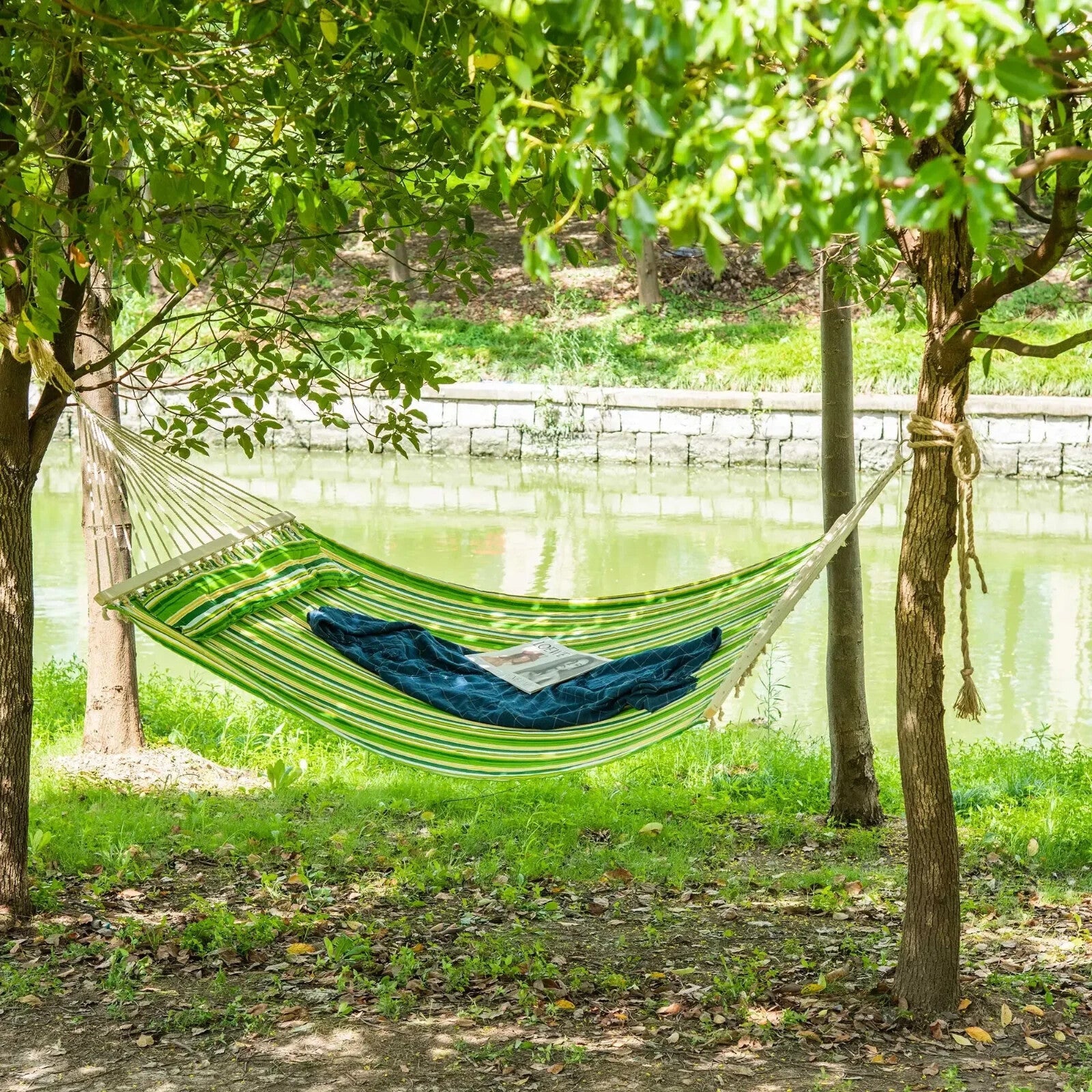 Hammock Hanging Double Cotton Design Swing Bed Portable w/ Pillow Green Striped - Home and Garden Furniture Shop - rustic - furniture