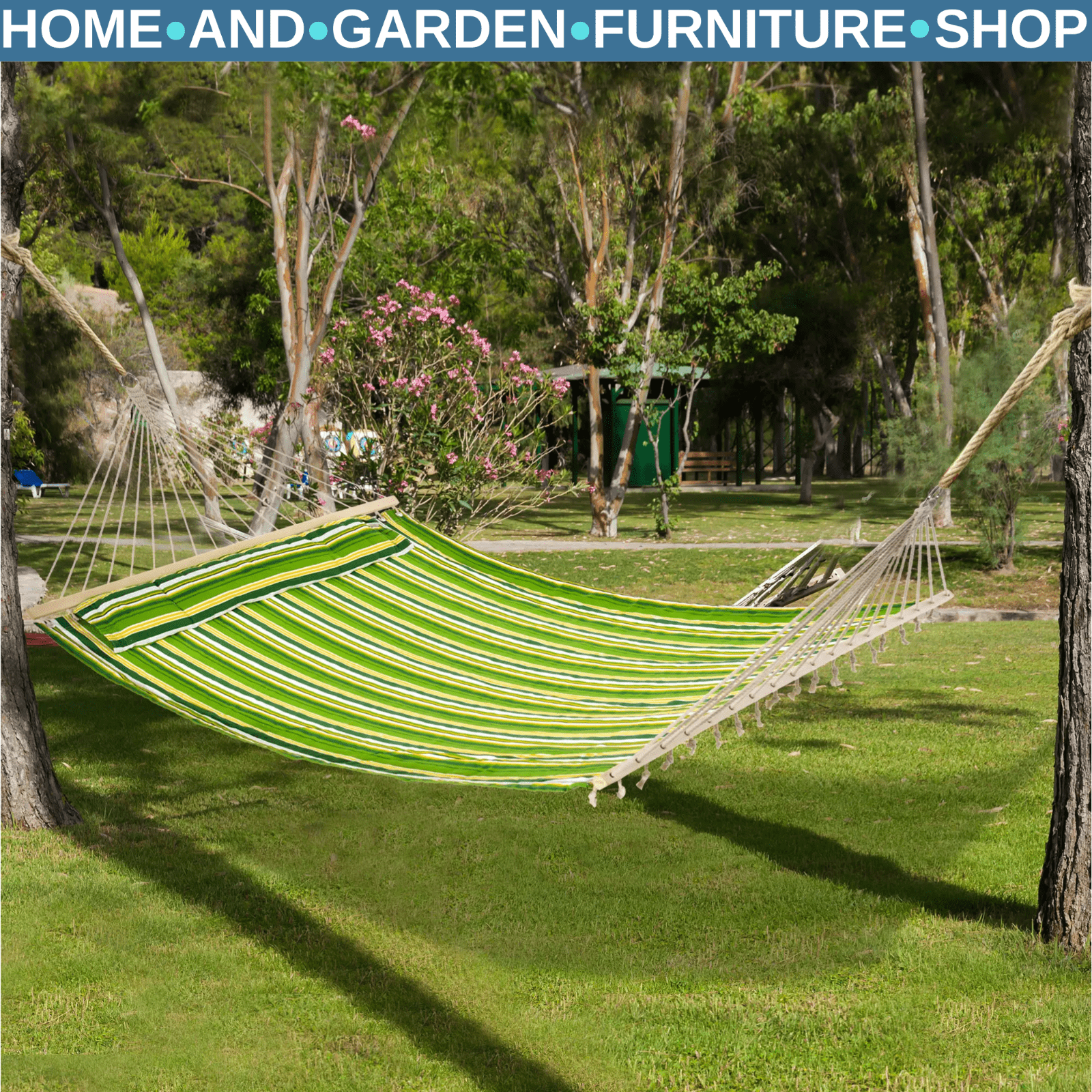Hammock Hanging Double Cotton Design Swing Bed Portable w/ Pillow Green Striped - Home and Garden Furniture Shop - rustic - furniture