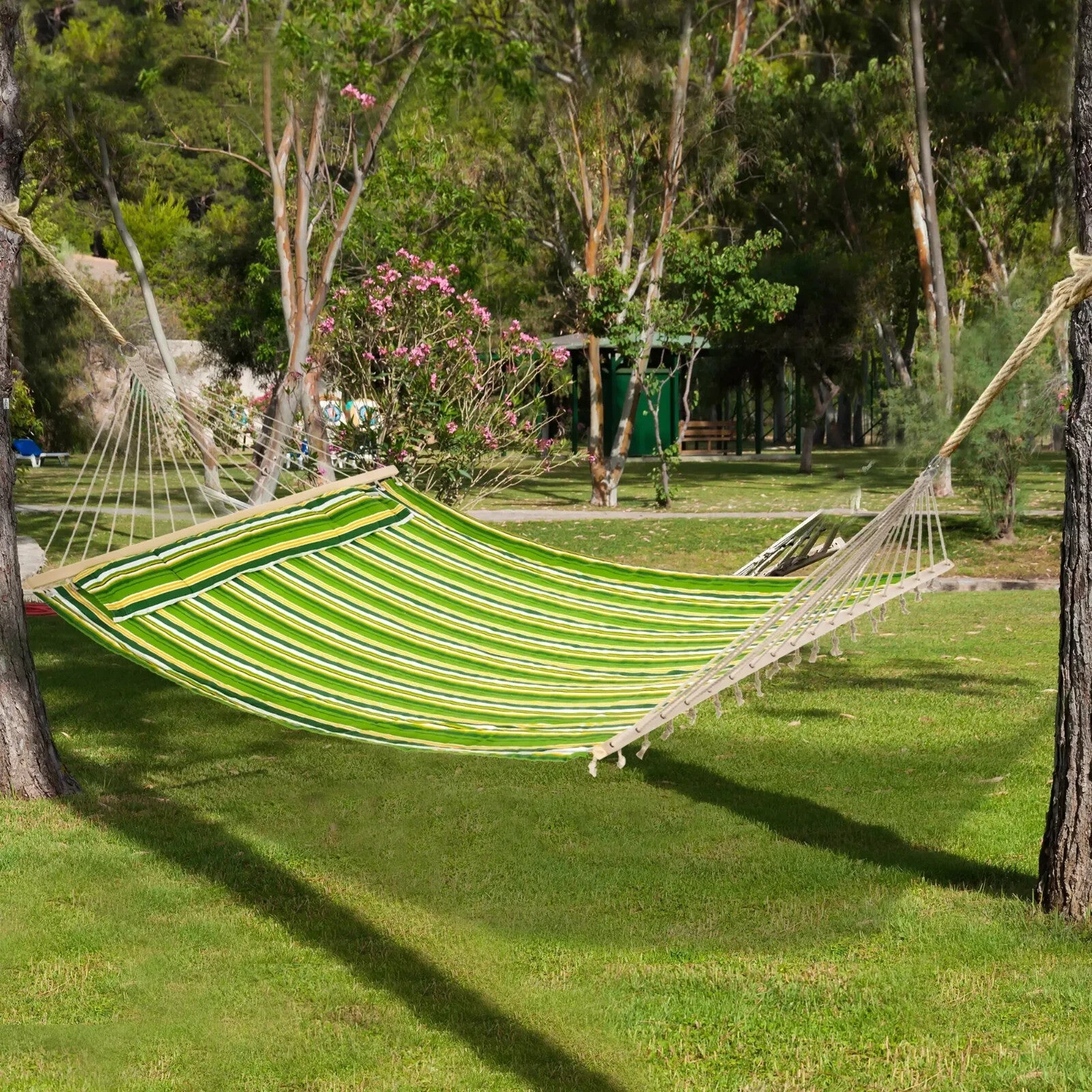 Hammock Hanging Double Cotton Design Swing Bed Portable w/ Pillow Green Striped - Home and Garden Furniture Shop - rustic - furniture