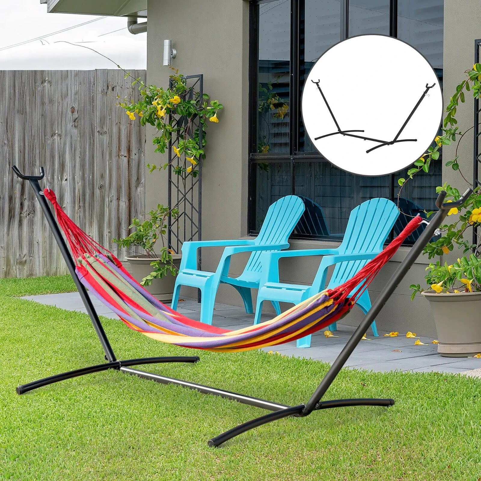 Hammock Stand Heavy Duty Metal Frame Weather - Resistant w/ 6 - Level Adjust Black - Home and Garden Furniture Shop - #rustic - furniture#