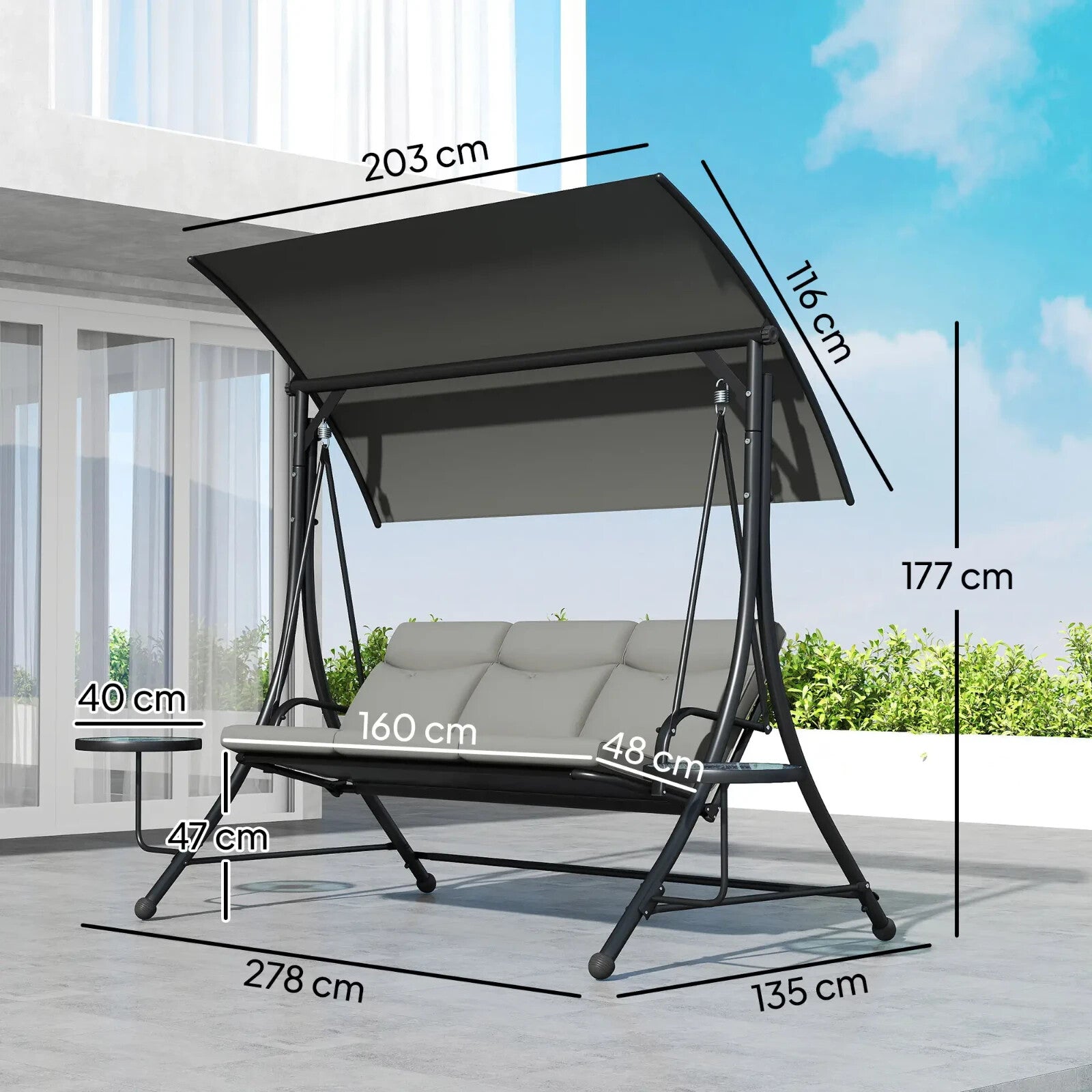 Hammock Swing Bench 3 - Seater w/ Adjustable Canopy & 2 - Glass Top Table Dark Grey - Home and Garden Furniture Shop - #rustic - furniture#