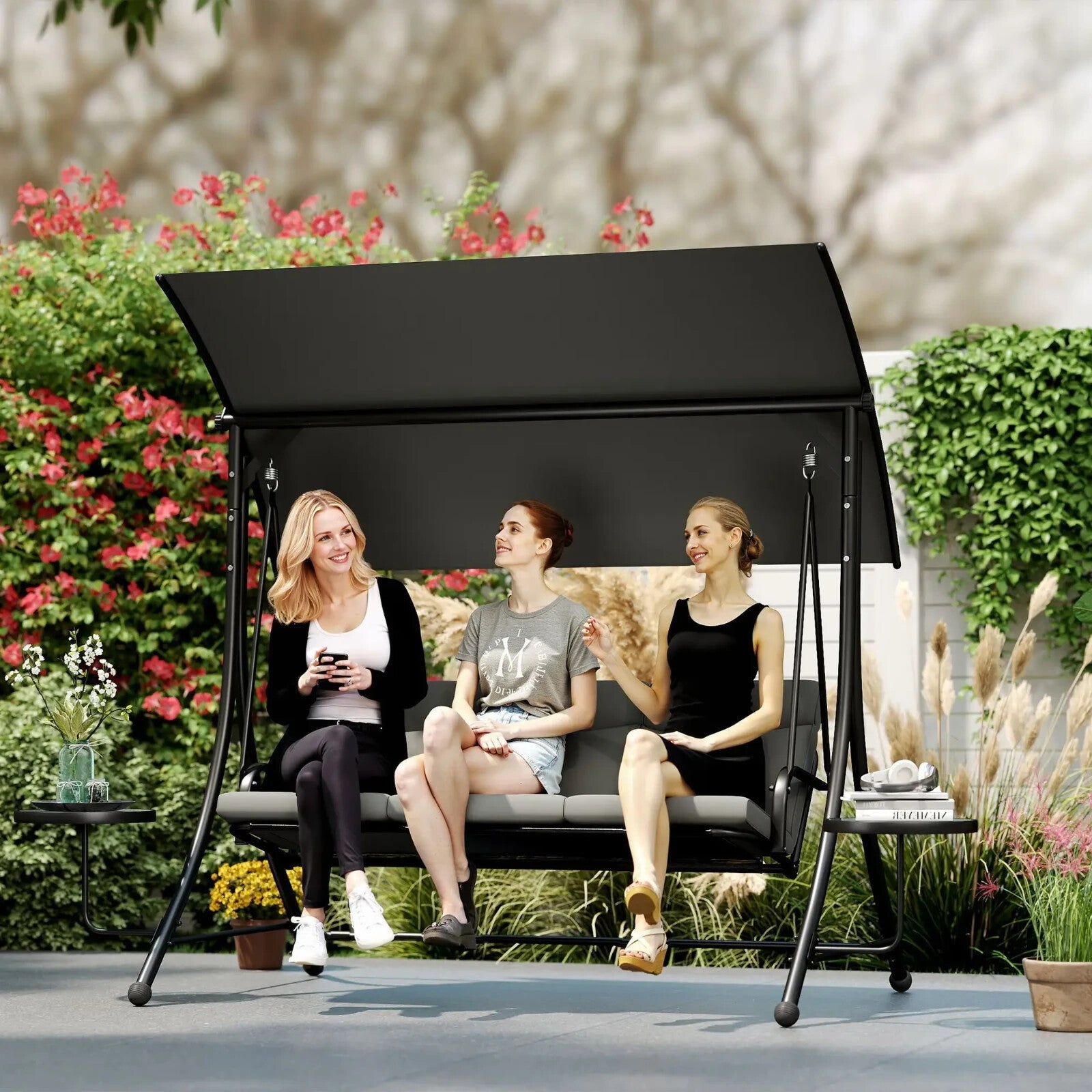 Hammock Swing Bench 3 - Seater w/ Adjustable Canopy & 2 - Glass Top Table Dark Grey - Home and Garden Furniture Shop - #rustic - furniture#