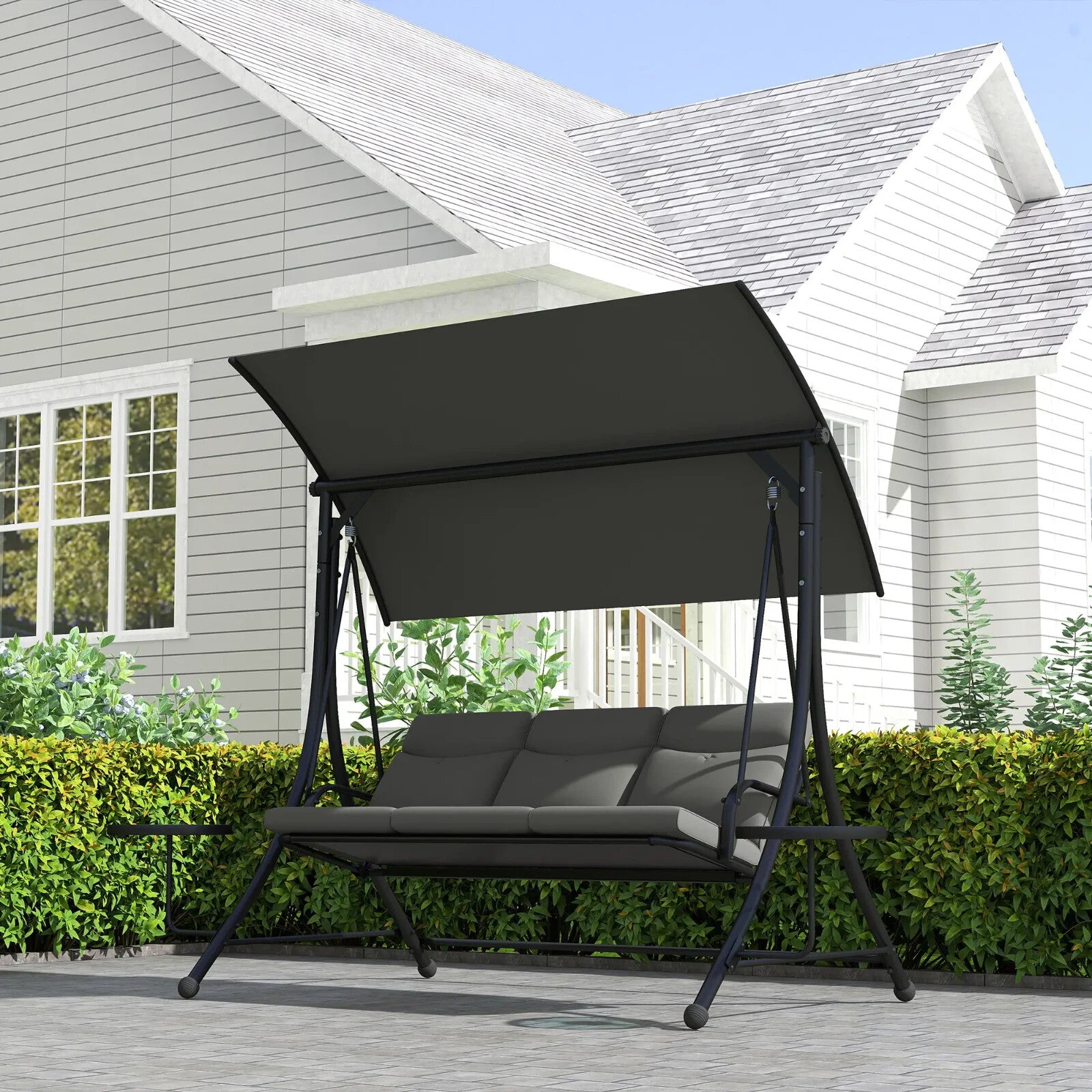Hammock Swing Bench 3 - Seater w/ Adjustable Canopy & 2 - Glass Top Table Dark Grey - Home and Garden Furniture Shop - #rustic - furniture#