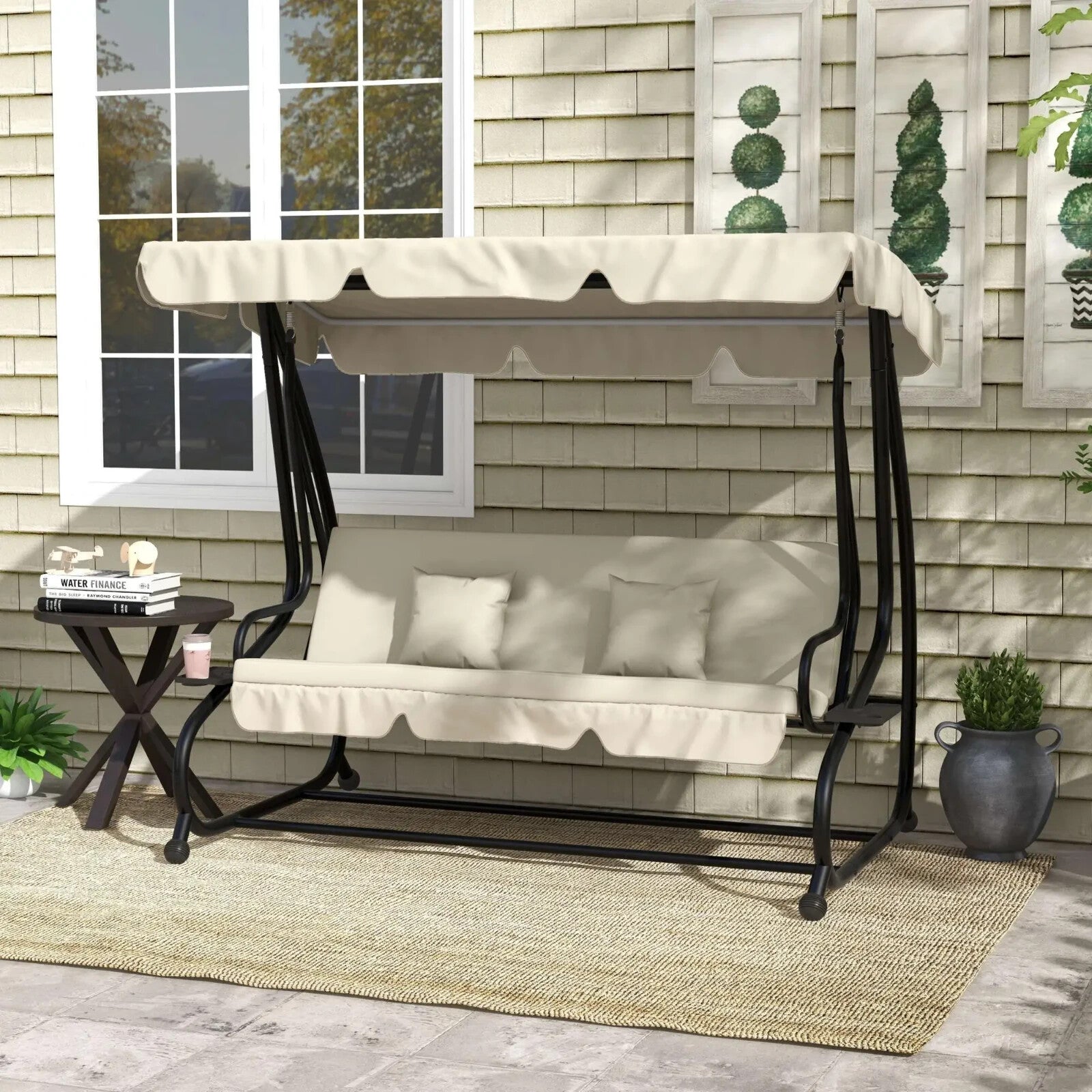 Hammock Swing Bench 3 - Seater Weather - Resistant with Adjustable Canopy Cream - Home and Garden Furniture Shop - #rustic - furniture#