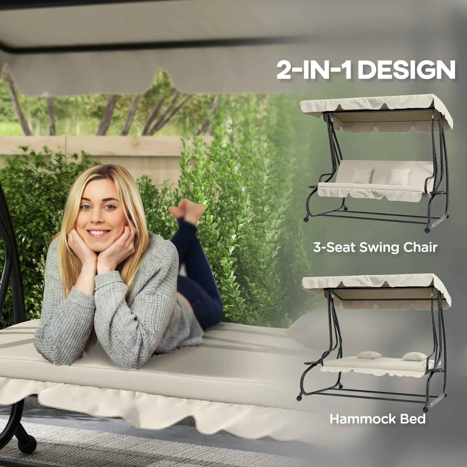 Hammock Swing Bench 3 - Seater Weather - Resistant with Adjustable Canopy Cream - Home and Garden Furniture Shop - #rustic - furniture#