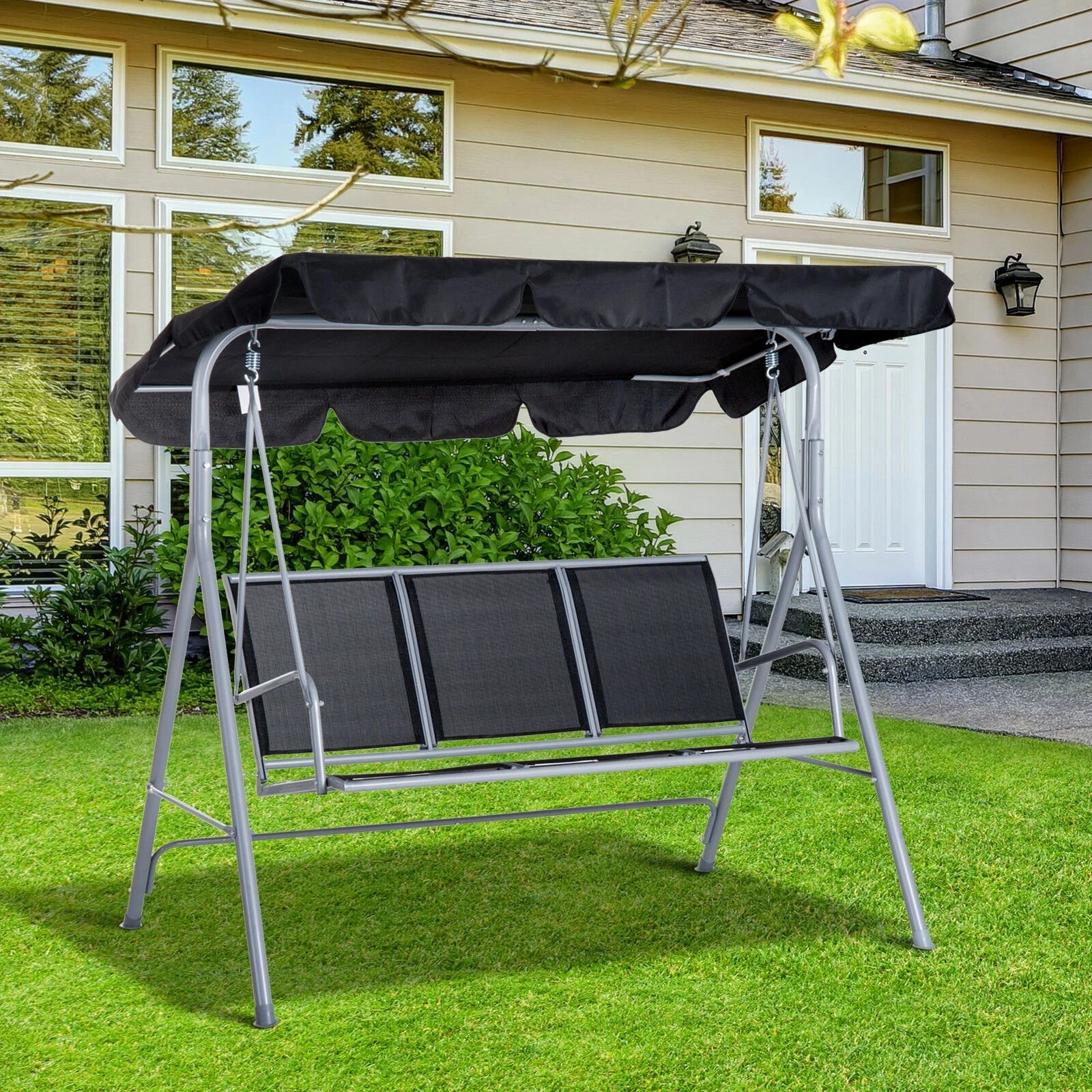 Hammock Swing Bench 3Seater Powder Coated Metal Frame w/ Adjustable Canopy Black - Home and Garden Furniture Shop - #rustic - furniture#