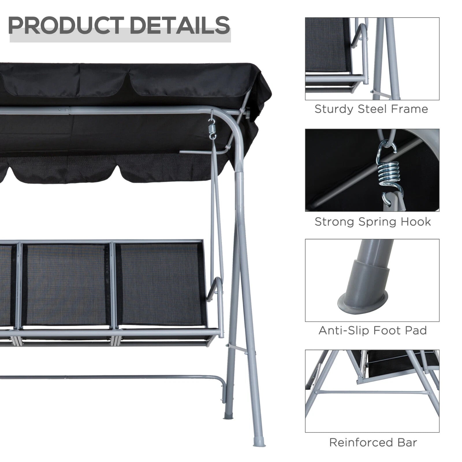 Hammock Swing Bench 3Seater Powder Coated Metal Frame w/ Adjustable Canopy Black - Home and Garden Furniture Shop - #rustic - furniture#