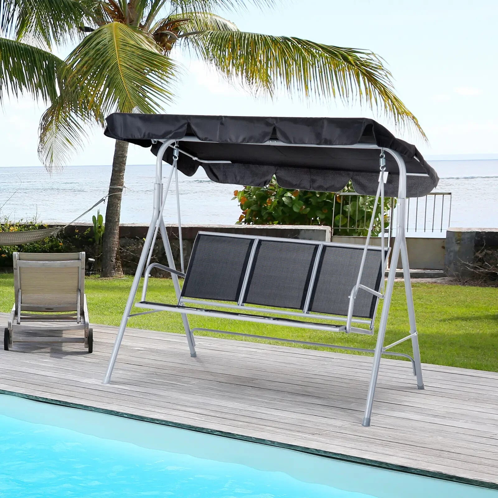 Hammock Swing Bench 3Seater Powder Coated Metal Frame w/ Adjustable Canopy Black - Home and Garden Furniture Shop - #rustic - furniture#