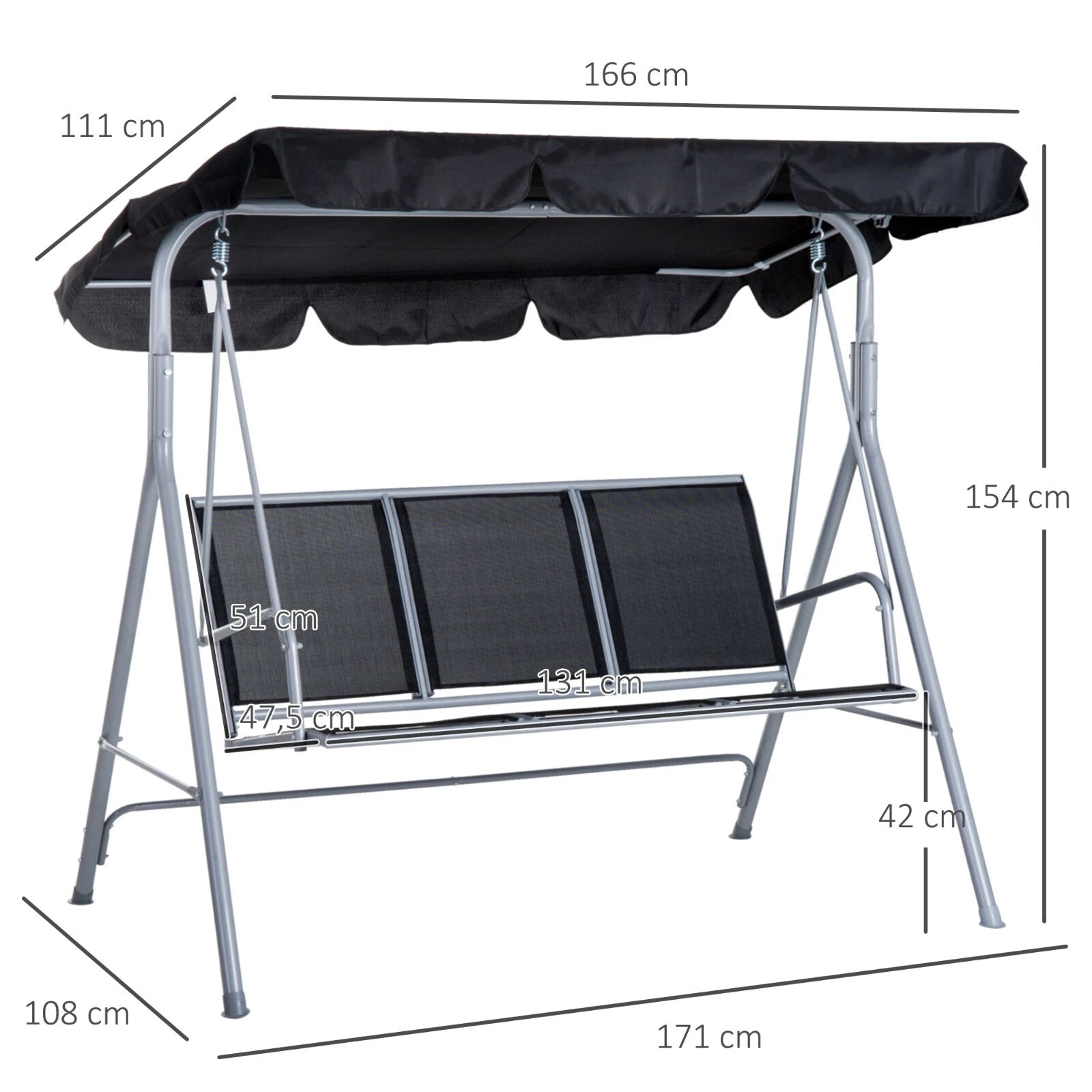 Hammock Swing Bench 3Seater Powder Coated Metal Frame w/ Adjustable Canopy Black - Home and Garden Furniture Shop - #rustic - furniture#