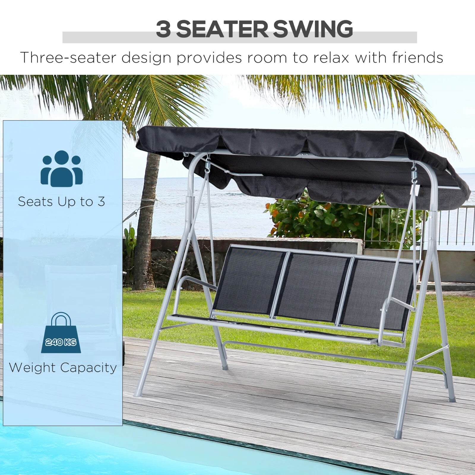 Hammock Swing Bench 3Seater Powder Coated Metal Frame w/ Adjustable Canopy Black - Home and Garden Furniture Shop - #rustic - furniture#