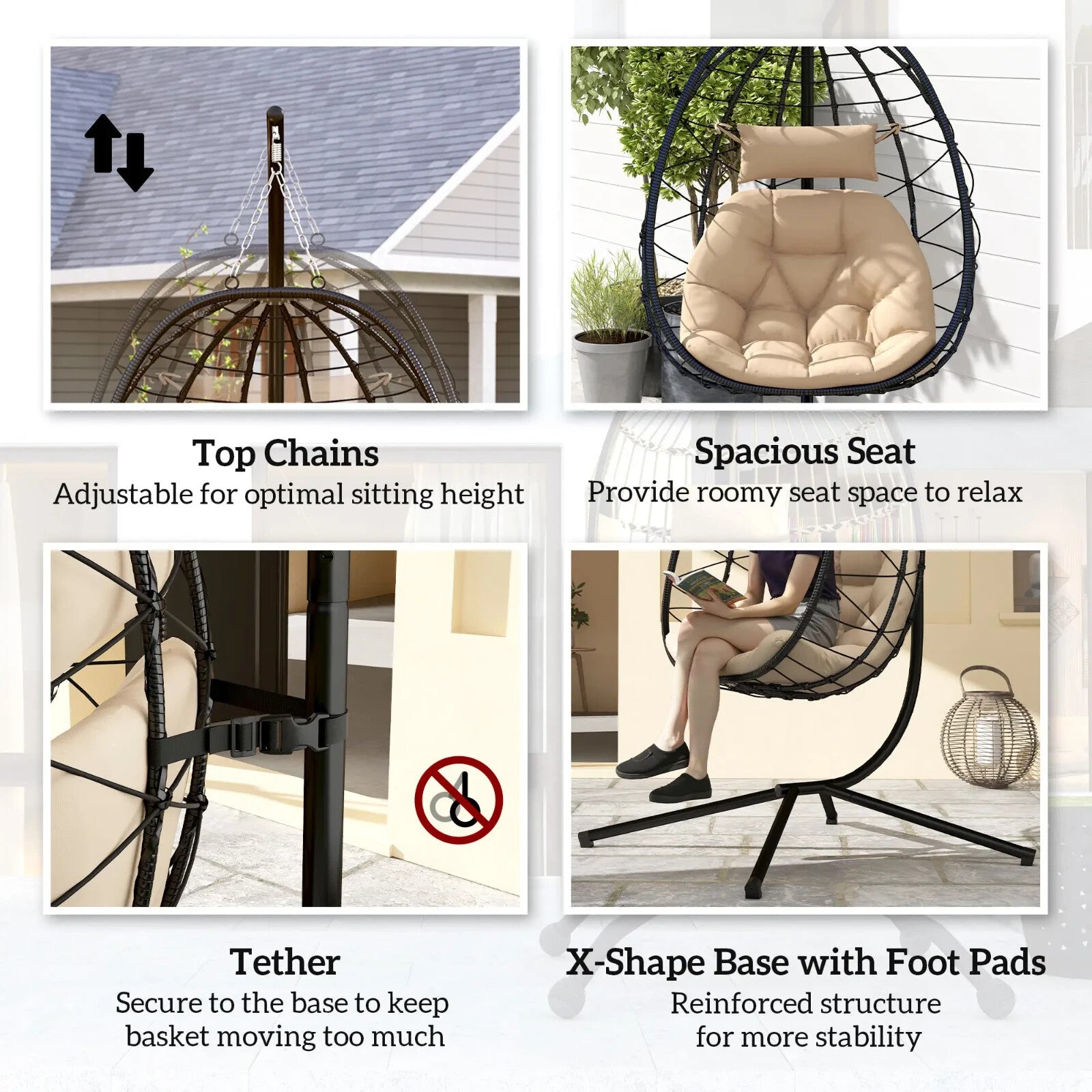 Hanging Egg Chair Indoor Outdoor Garden Swing Chair w/ Cushion & Folding Basket - Home and Garden Furniture Shop - rustic - furniture