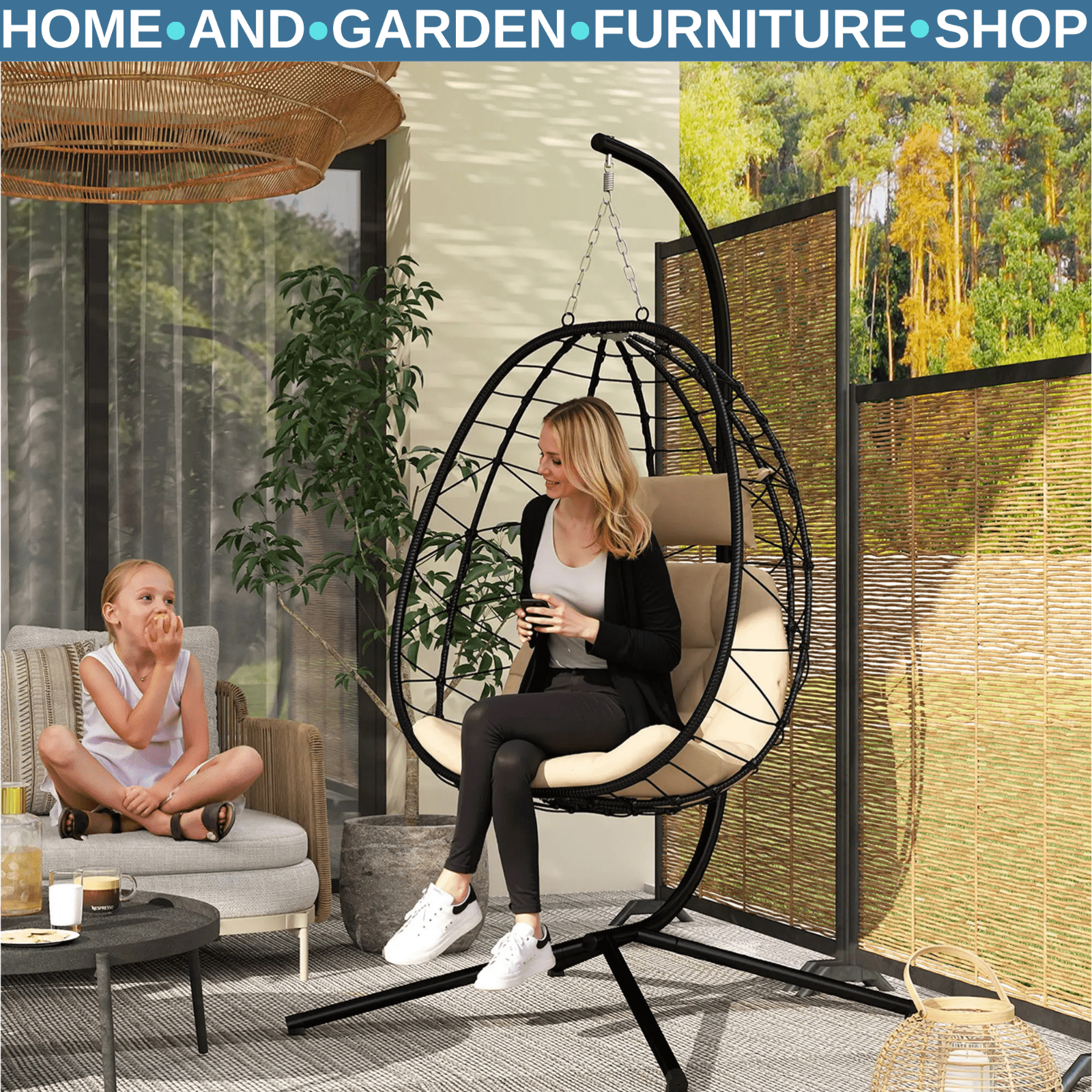 Hanging Egg Chair Indoor Outdoor Garden Swing Chair w/ Cushion & Folding Basket - Home and Garden Furniture Shop - rustic - furniture