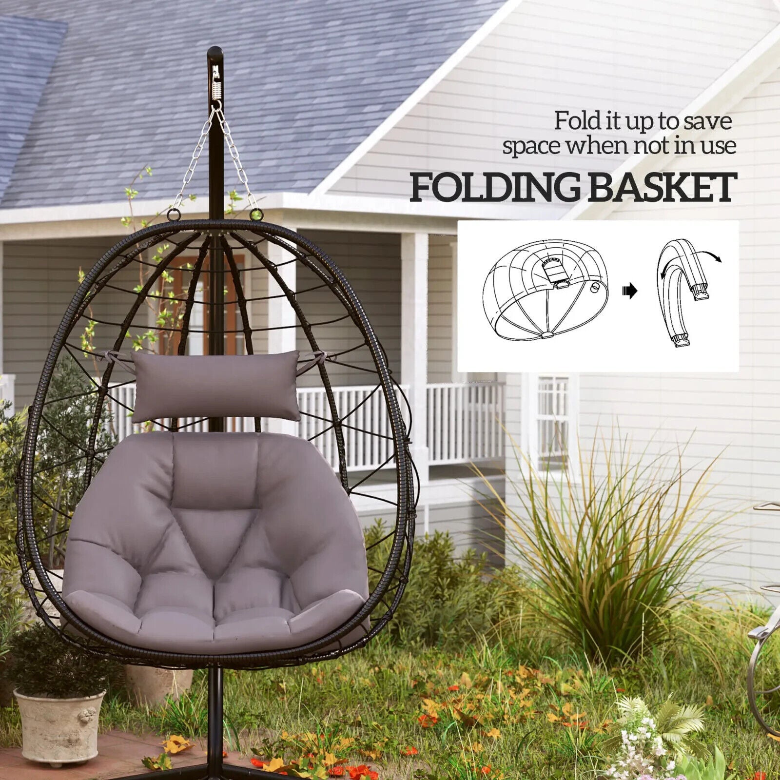 Hanging Egg Chair Indoor Outdoor Garden Swing Chair with Folding Basket Cushion - Home and Garden Furniture Shop - #rustic - furniture#
