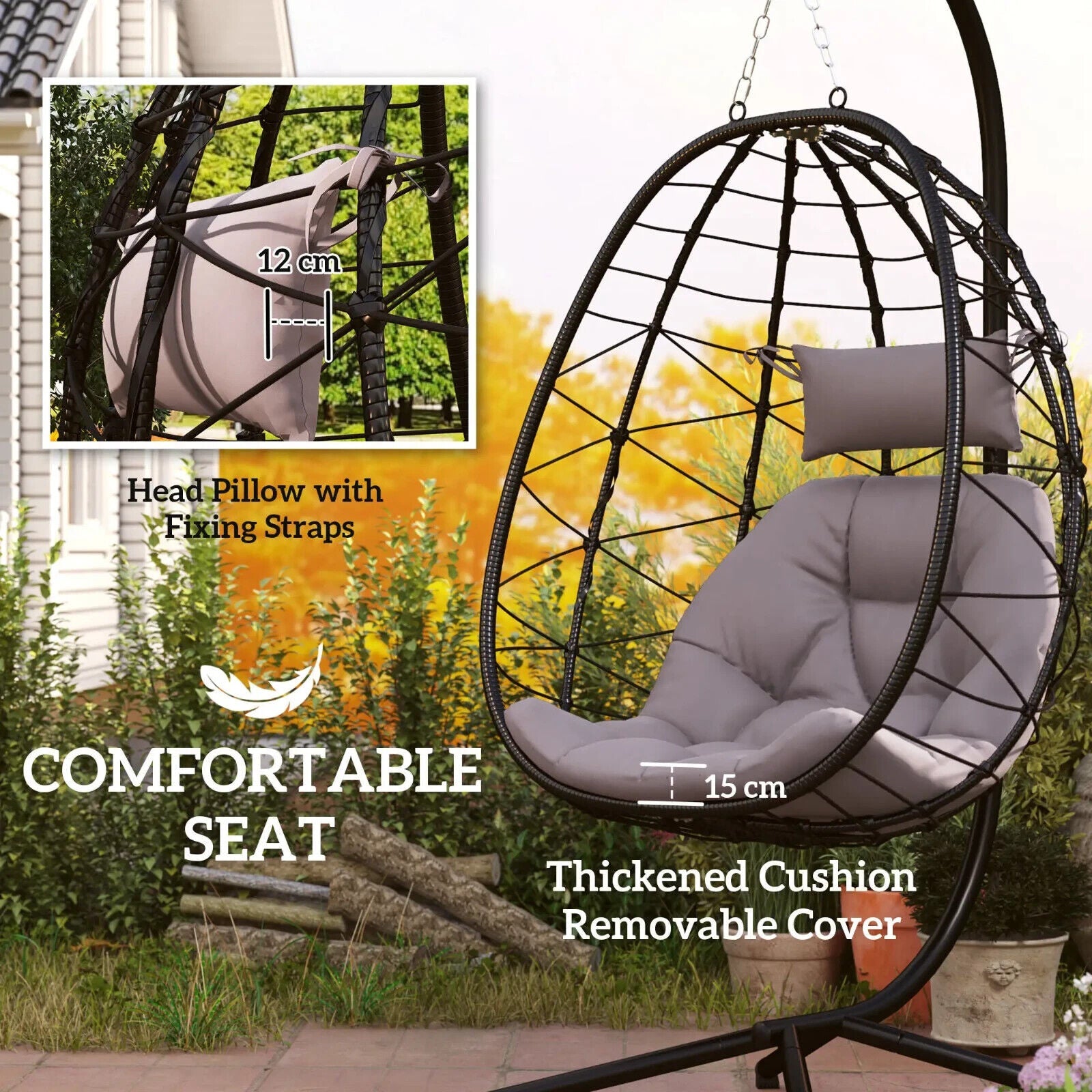 Hanging Egg Chair Indoor Outdoor Garden Swing Chair with Folding Basket Cushion - Home and Garden Furniture Shop - #rustic - furniture#