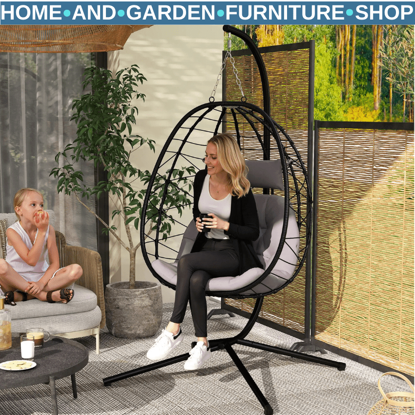 Hanging Egg Chair Indoor Outdoor Garden Swing Chair with Folding Basket Cushion - Home and Garden Furniture Shop - #rustic - furniture#
