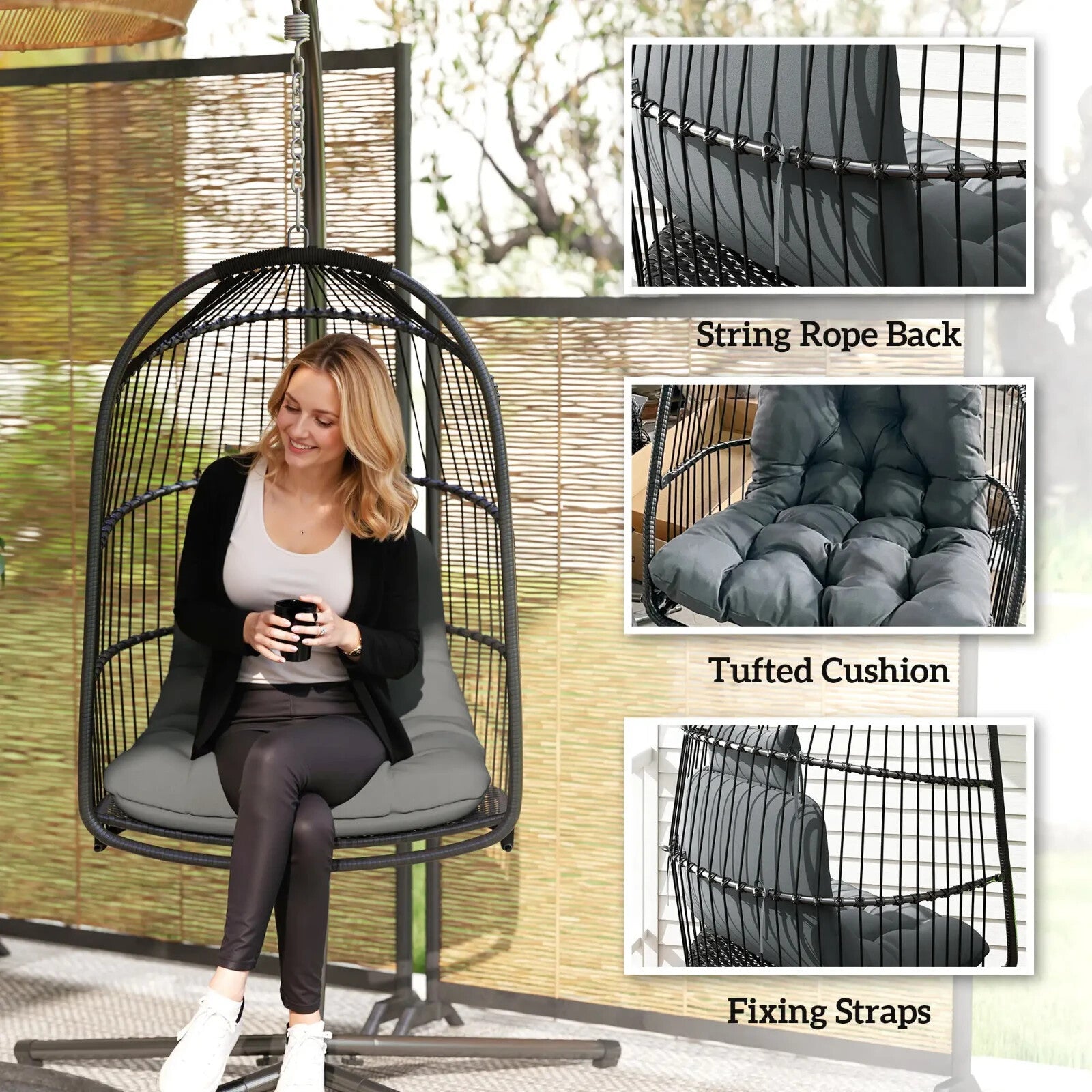 Hanging Egg Chair Rattan Swing Seat with Installation Kit for Garden Indoor Grey - Home and Garden Furniture Shop - rustic - furniture