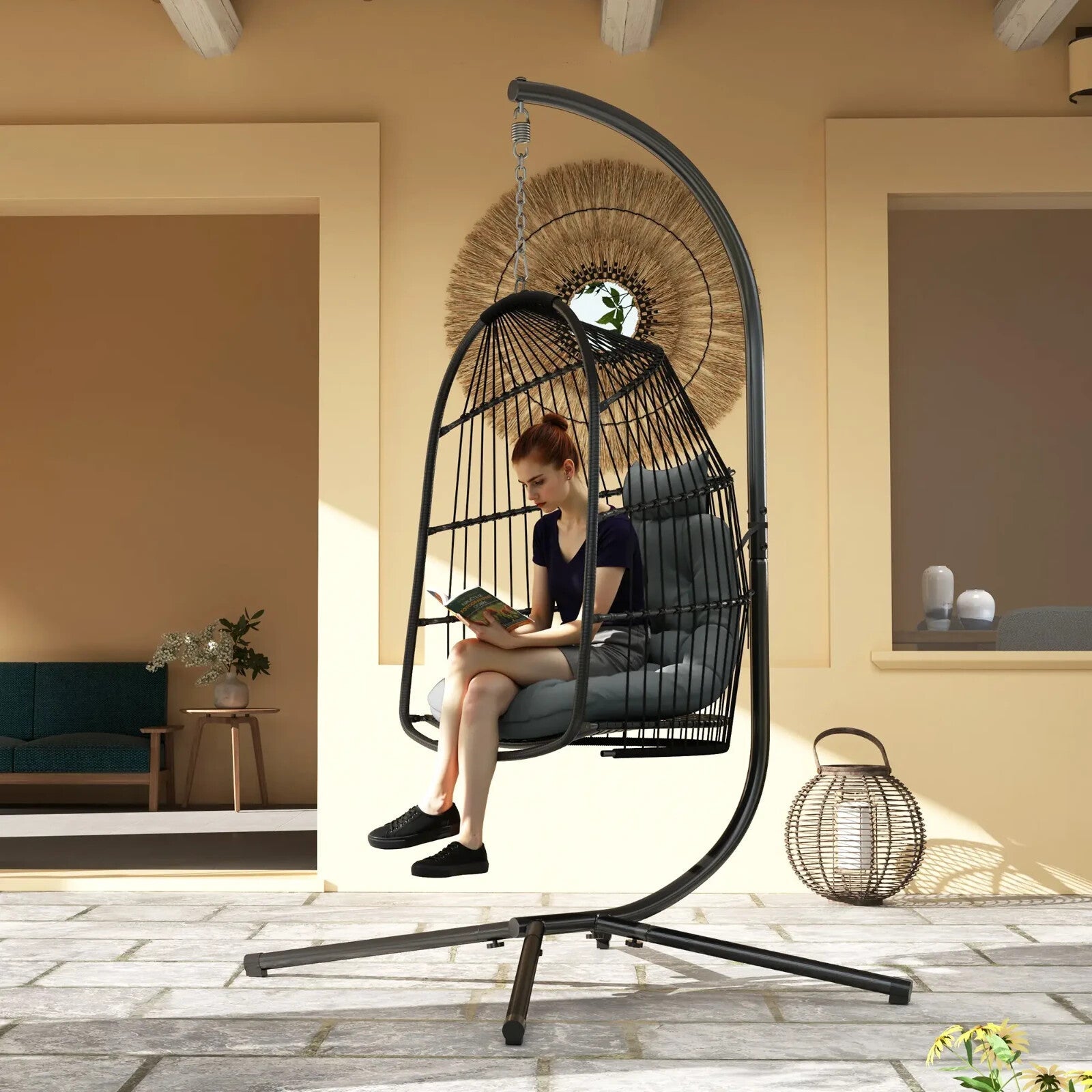 Hanging Egg Chair Rattan Swing Seat with Installation Kit for Garden Indoor Grey - Home and Garden Furniture Shop - rustic - furniture
