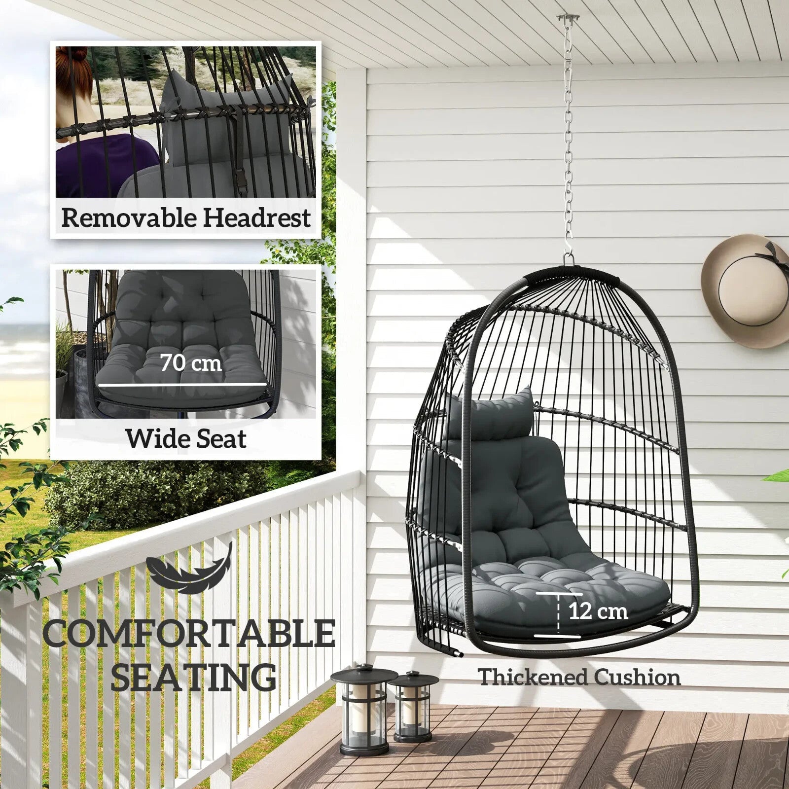 Hanging Egg Chair Rattan Swing Seat with Installation Kit for Garden Indoor Grey - Home and Garden Furniture Shop - rustic - furniture