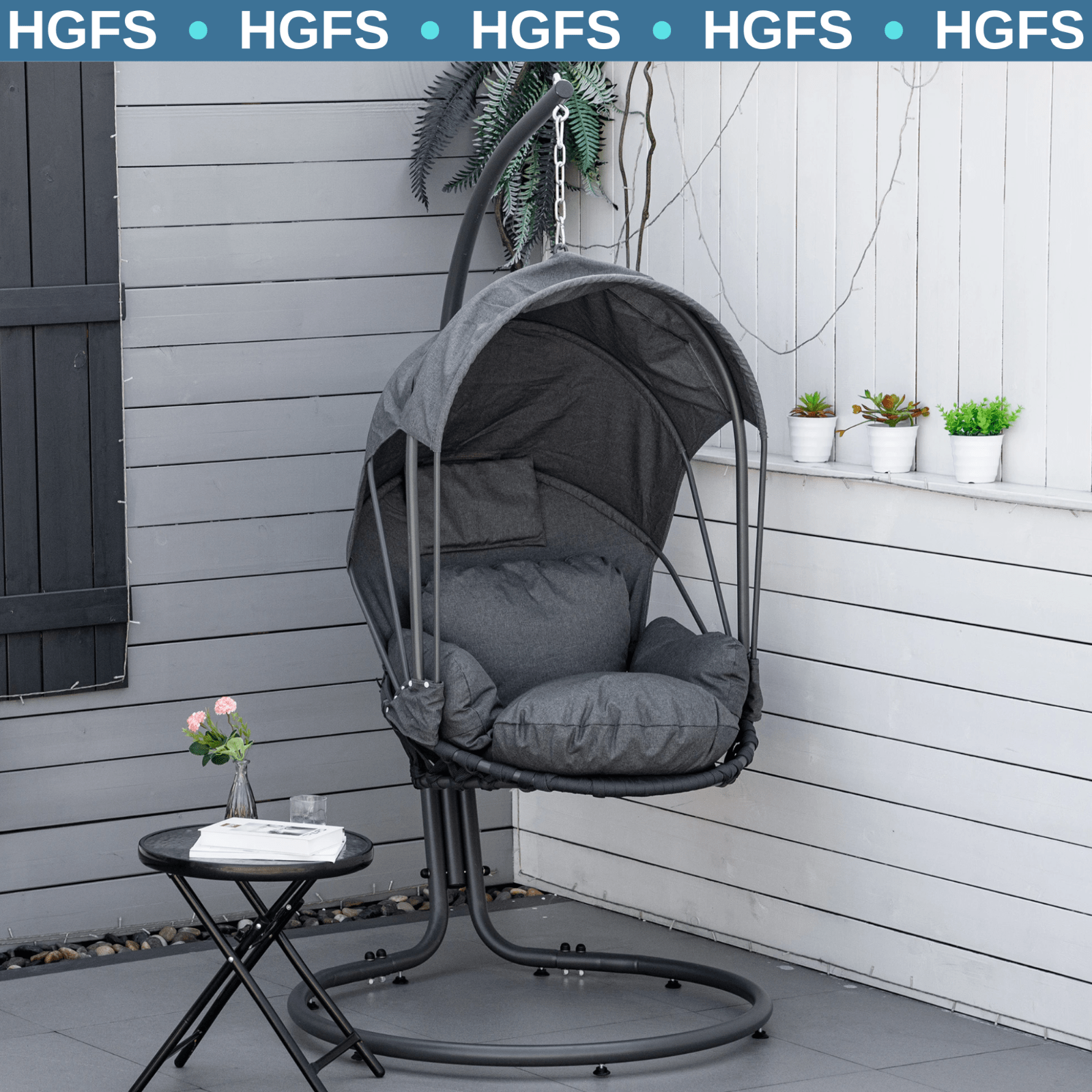Hanging Egg Chair with Stand Metal Frame Retractable Canopy Grey Thick Cushion - Home and Garden Furniture Shop - rustic - furniture