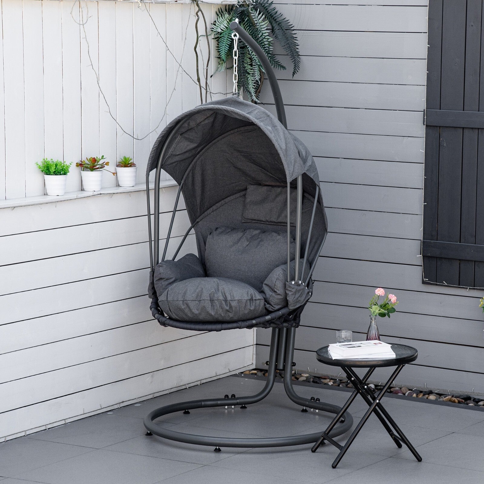 Hanging Egg Chair with Stand Metal Frame Retractable Canopy Grey Thick Cushion - Home and Garden Furniture Shop - rustic - furniture