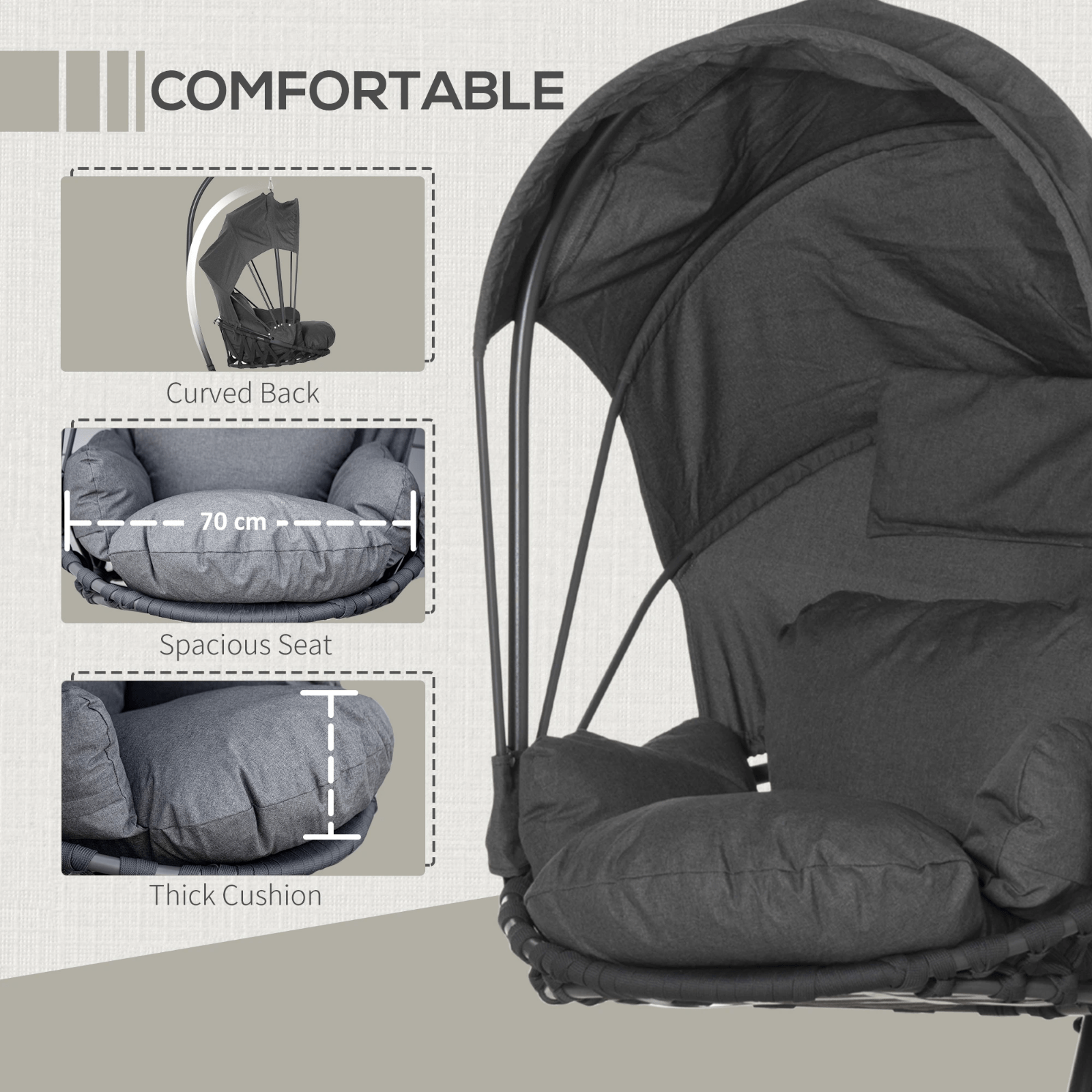 Hanging Egg Chair with Stand Metal Frame Retractable Canopy Grey Thick Cushion - Home and Garden Furniture Shop - rustic - furniture