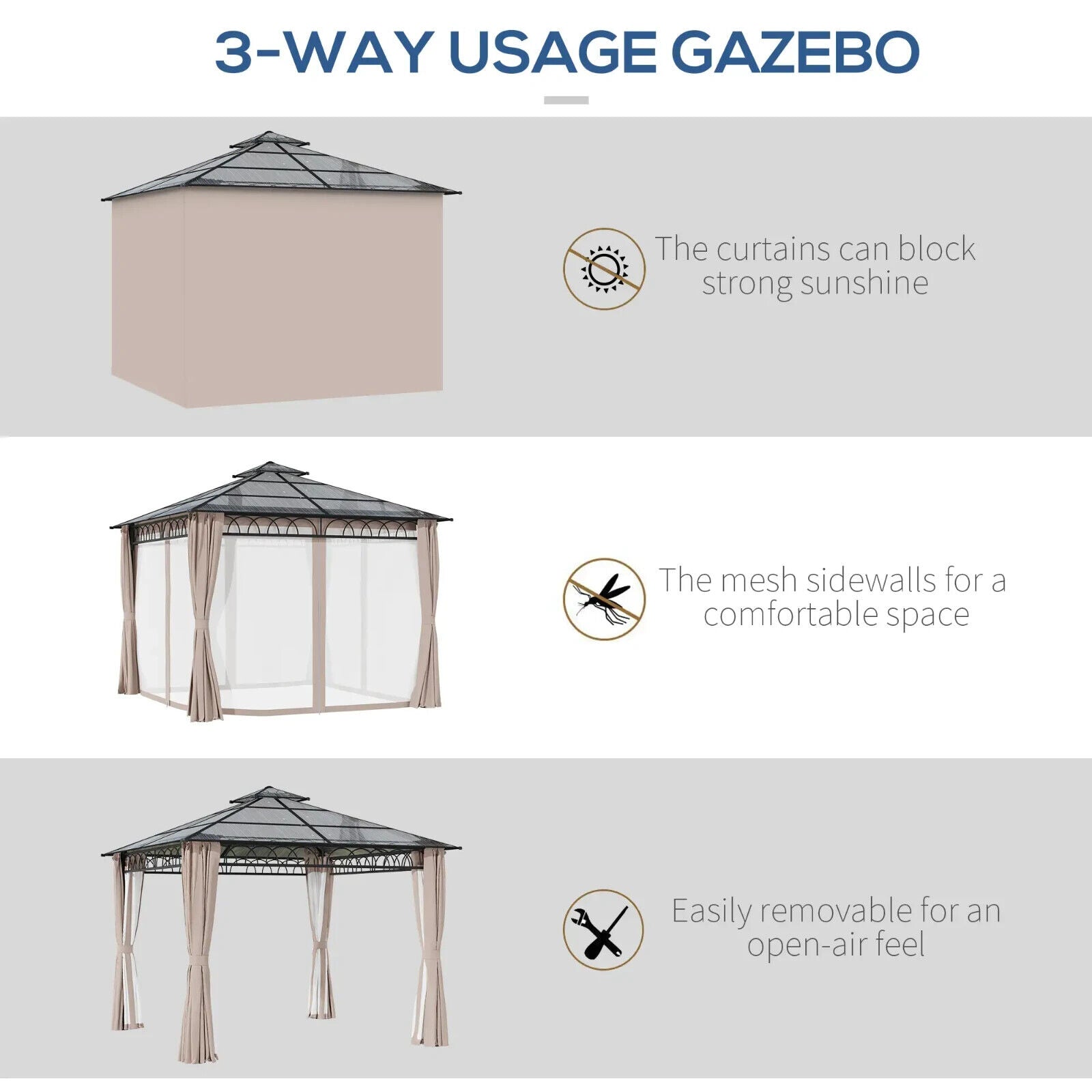 Heavy Duty Garden Double Roof Hard Top Gazebo Netting Curtains 3 x 3m Tent Khaki - Home and Garden Furniture Shop - #rustic - furniture#