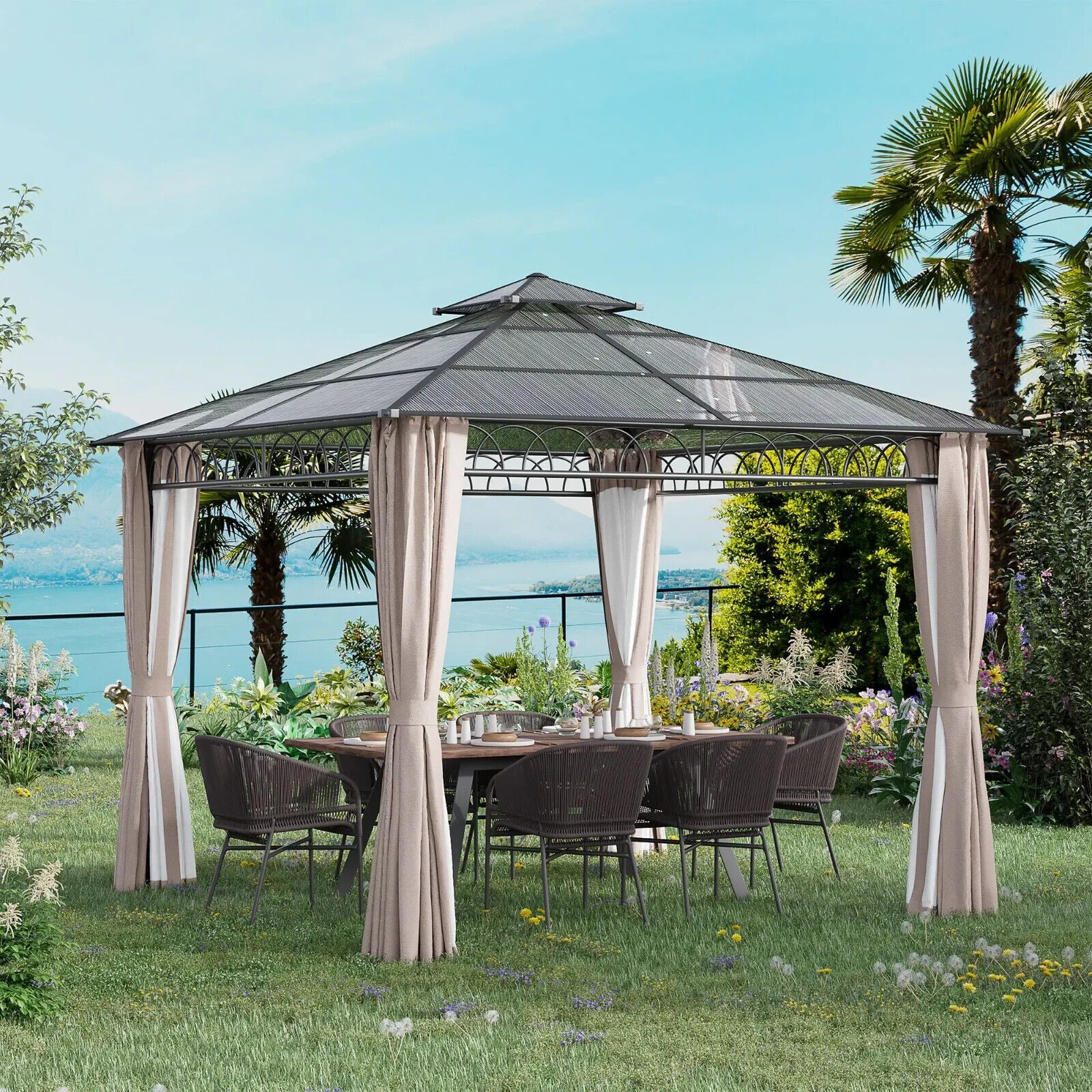 Heavy Duty Garden Double Roof Hard Top Gazebo Netting Curtains 3 x 3m Tent Khaki - Home and Garden Furniture Shop - #rustic - furniture#