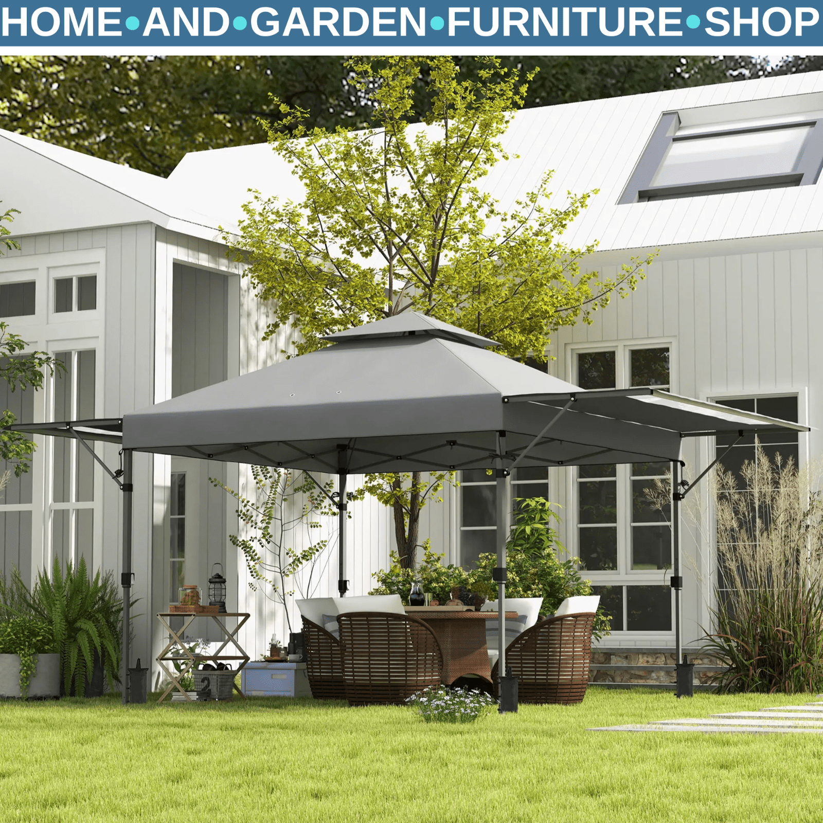 Heavy Duty Garden Pop Up Gazebo Instant Shelter Extendable Dual Awning Grey 3m - Home and Garden Furniture Shop - #rustic - furniture#