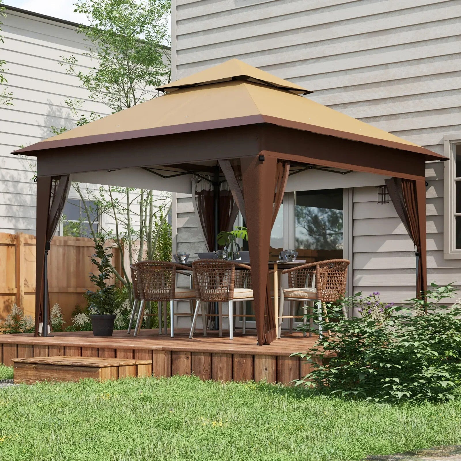 Heavy Duty Garden Pop Up Gazebo Instant Shelter Mosquito Netting Khaki 3x3m Tent - Home and Garden Furniture Shop - rustic - furniture