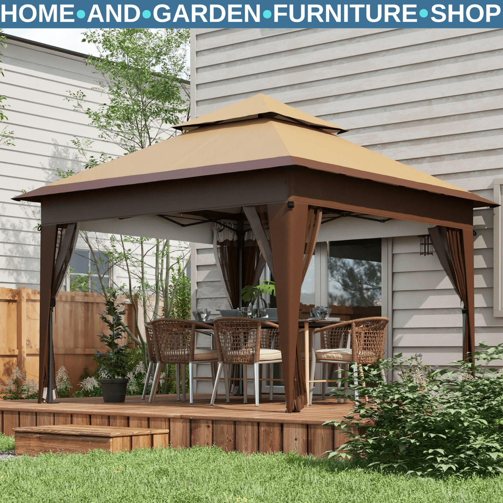 Heavy Duty Garden Pop Up Gazebo Instant Shelter Mosquito Netting Khaki 3x3m Tent - Home and Garden Furniture Shop - rustic - furniture