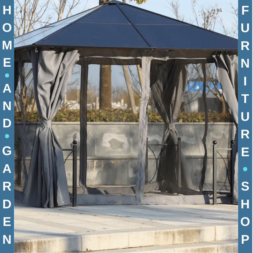 Heavy Duty Gazebo Metal 3x3m Hard Top Polycarbonate Roof Curtains Garden Shelter - Home and Garden Furniture Shop - rustic - furniture